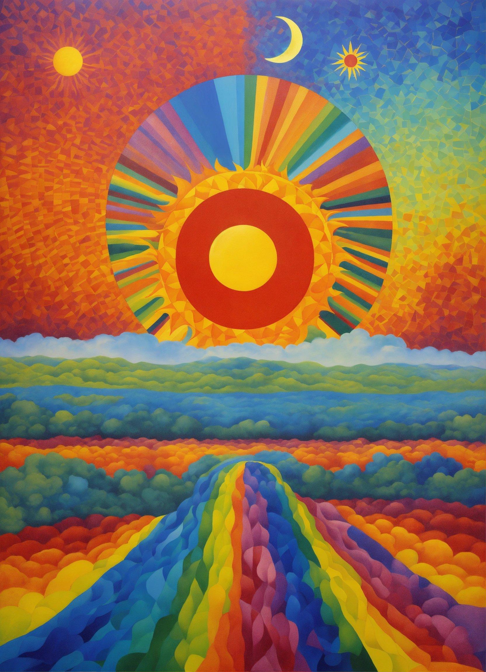 A Painting Of A Sun Setting Over A Colorful Landscape