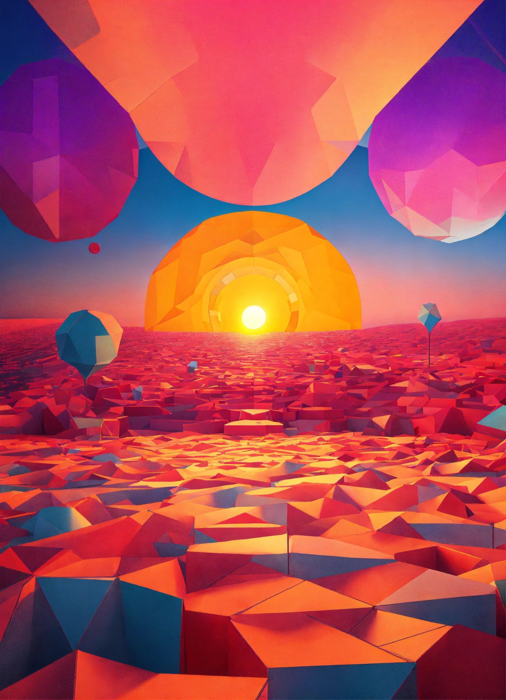 A Painting Of A Sun Setting Over A Desert