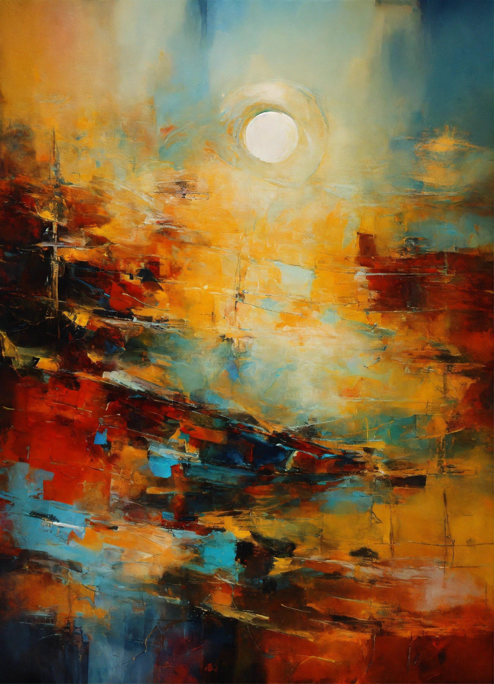 A Painting Of A Sun Setting Over A Large Body Of Water