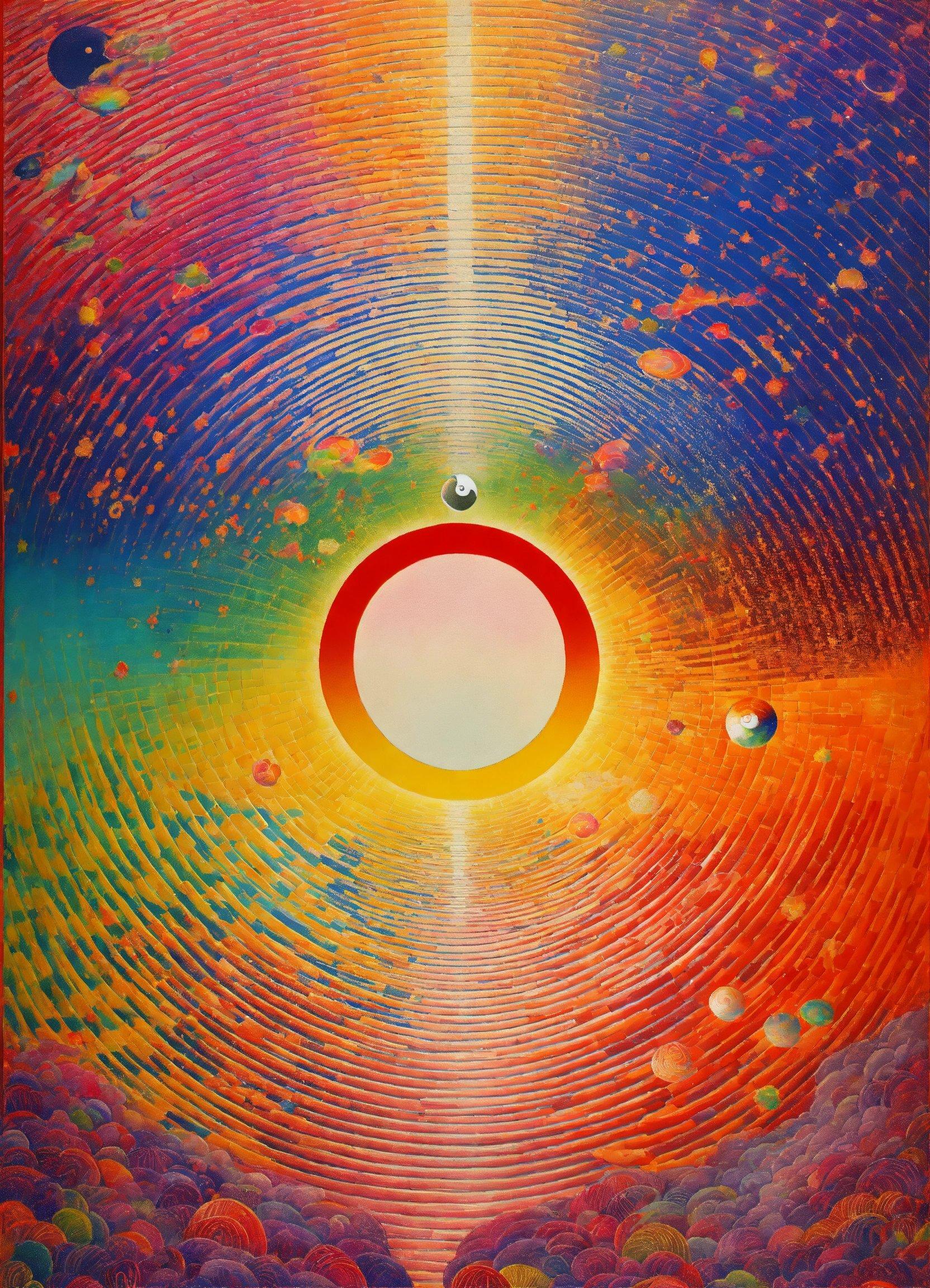 A Painting Of A Sun Surrounded By Many Different Colors