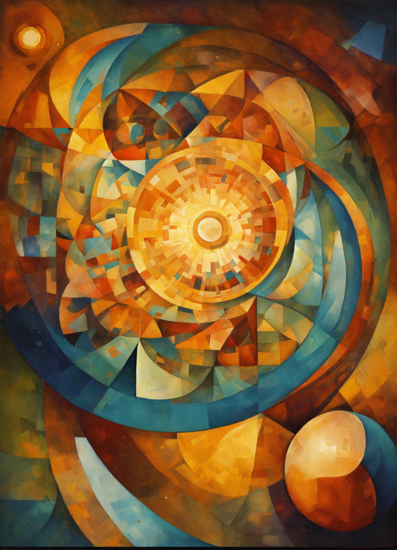 A Painting Of A Sun Surrounded By Many Different Shapes