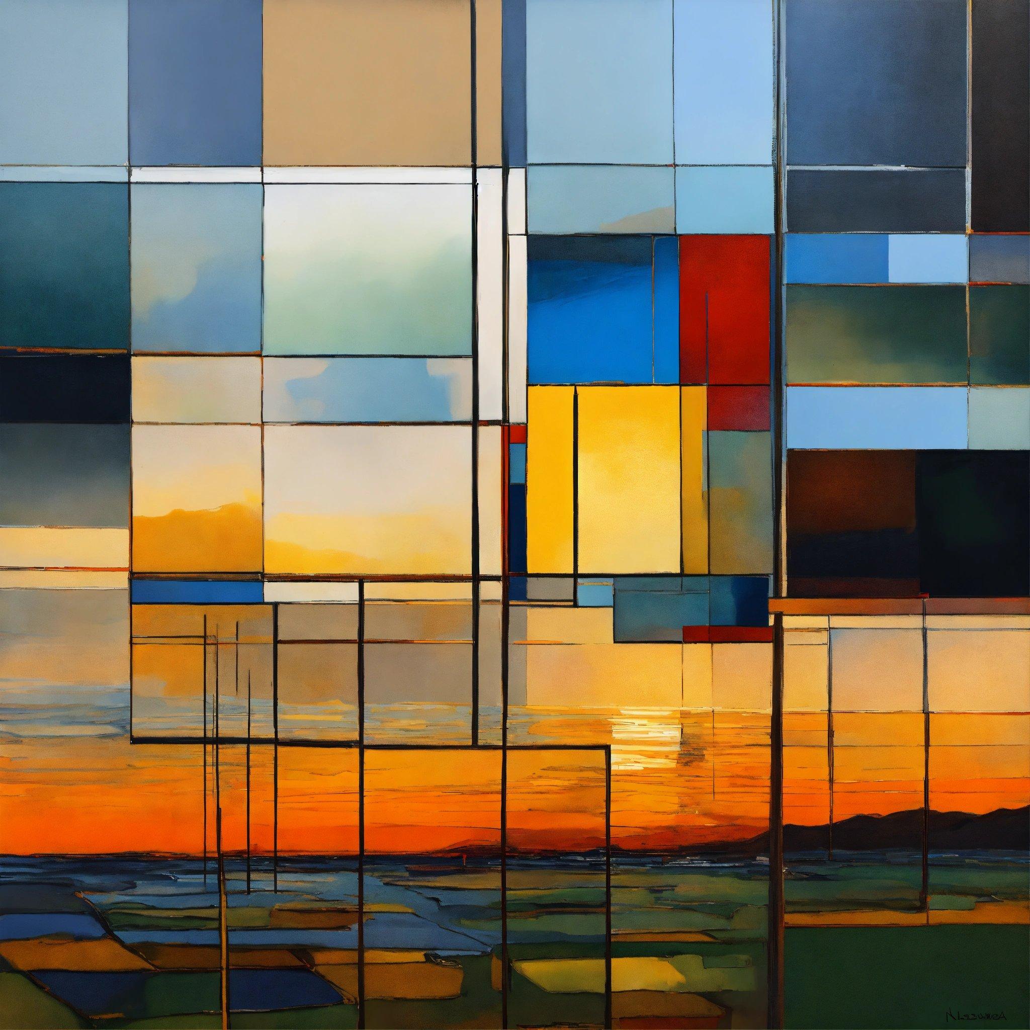 A Painting Of A Sunset With A Lot Of Squares