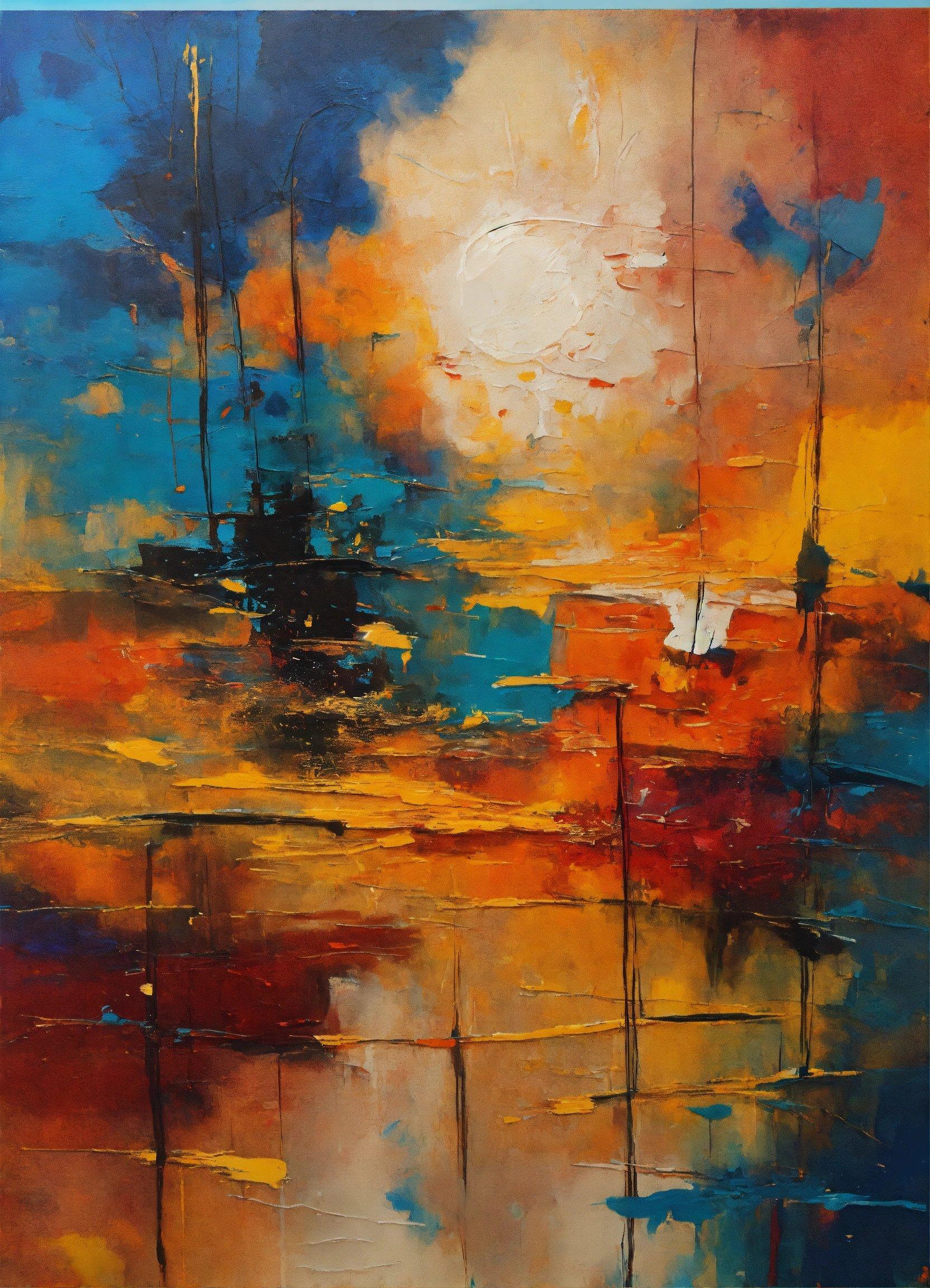 A Painting Of A Sunset With Boats In The Water