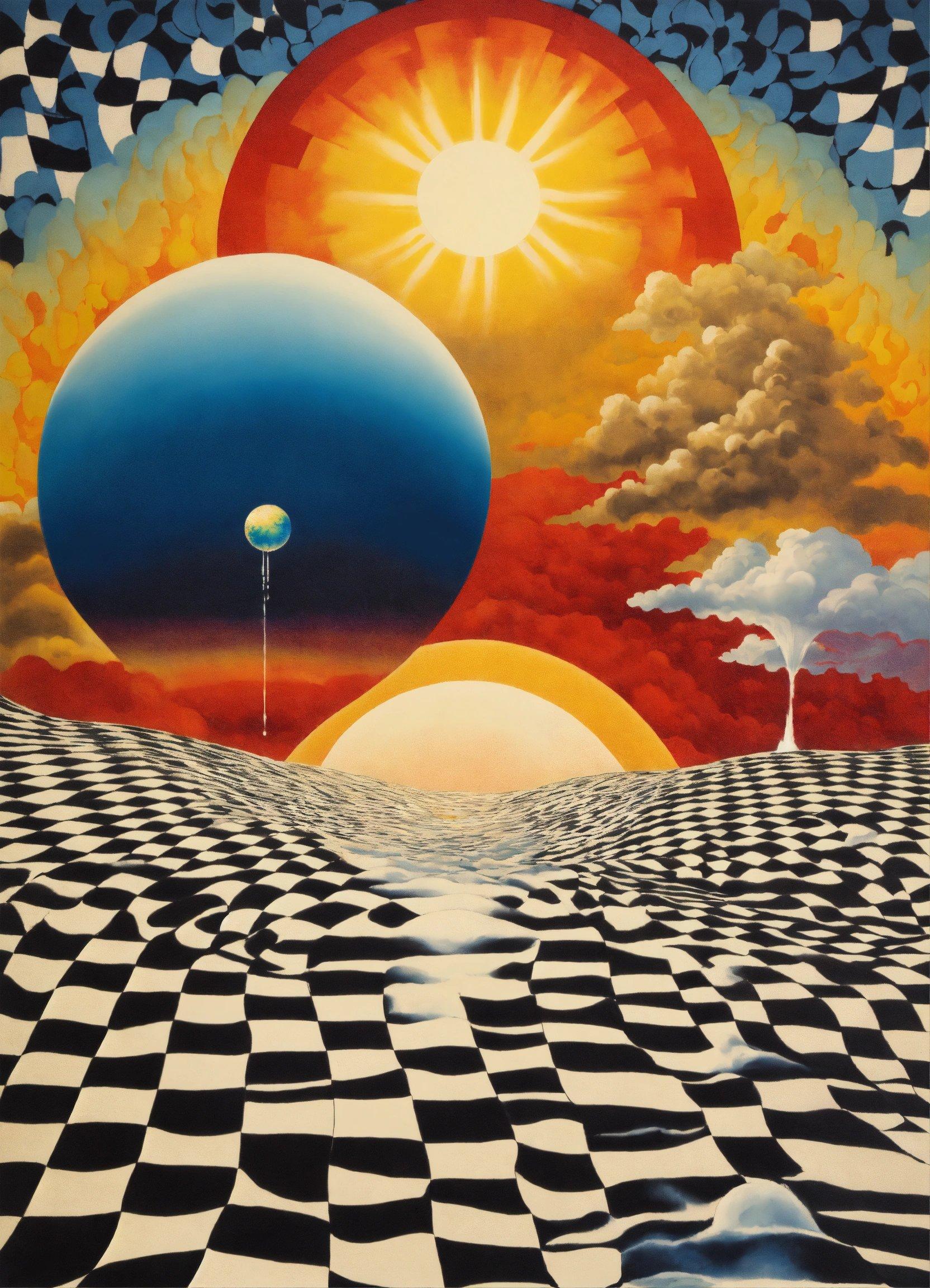 A Painting Of A Surreal Landscape With A Sun And Clouds