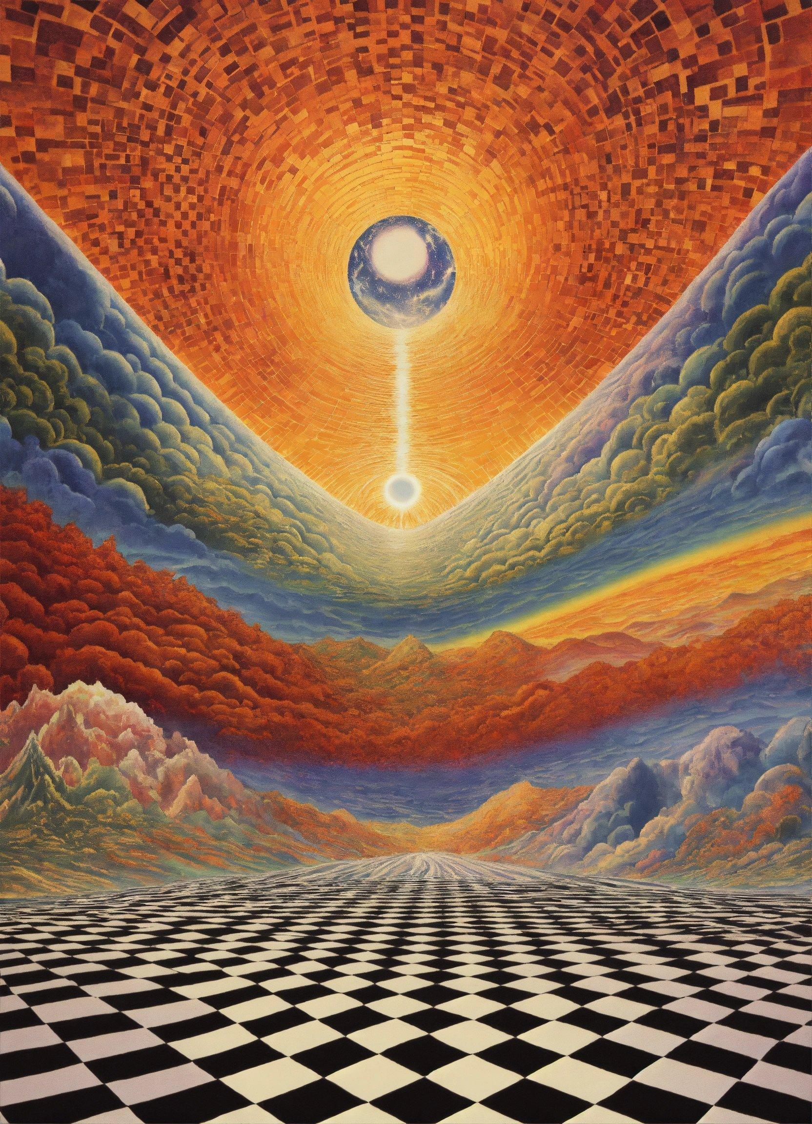 A Painting Of A Surreal Landscape With A Sun In The Middle