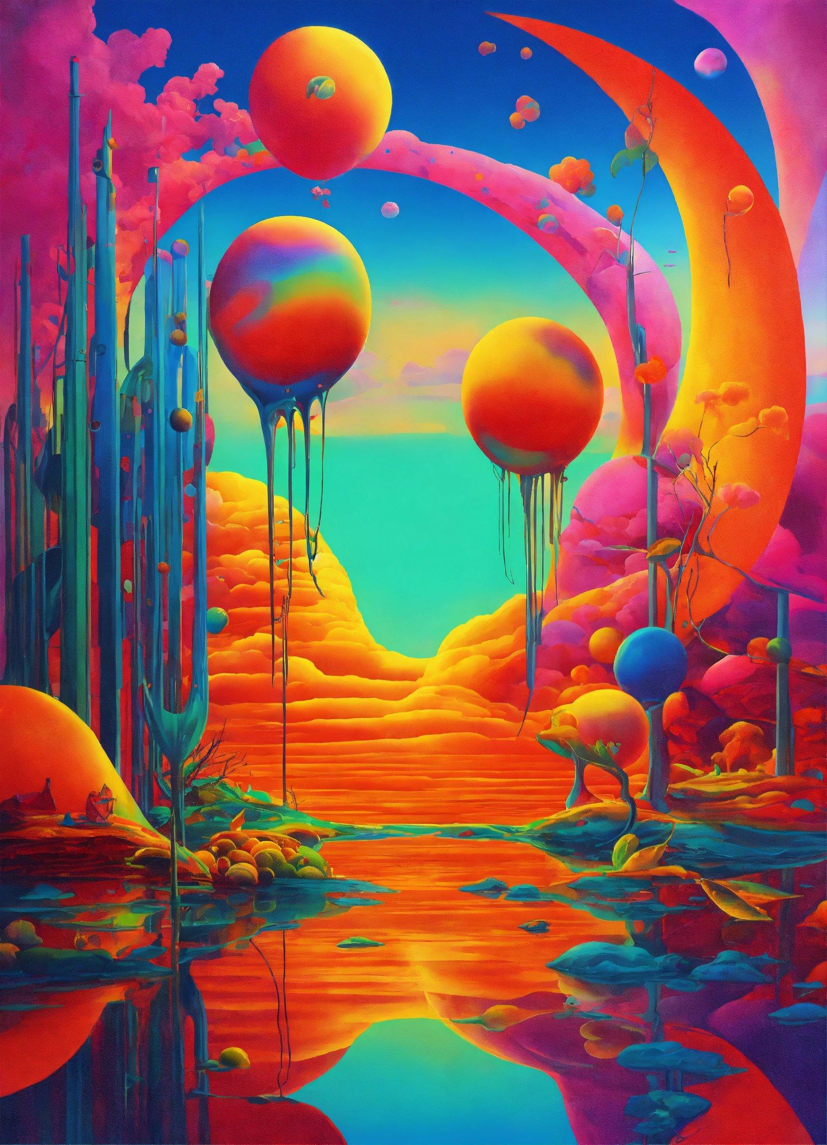 A Painting Of A Surreal Landscape With Orange And Blue Colors