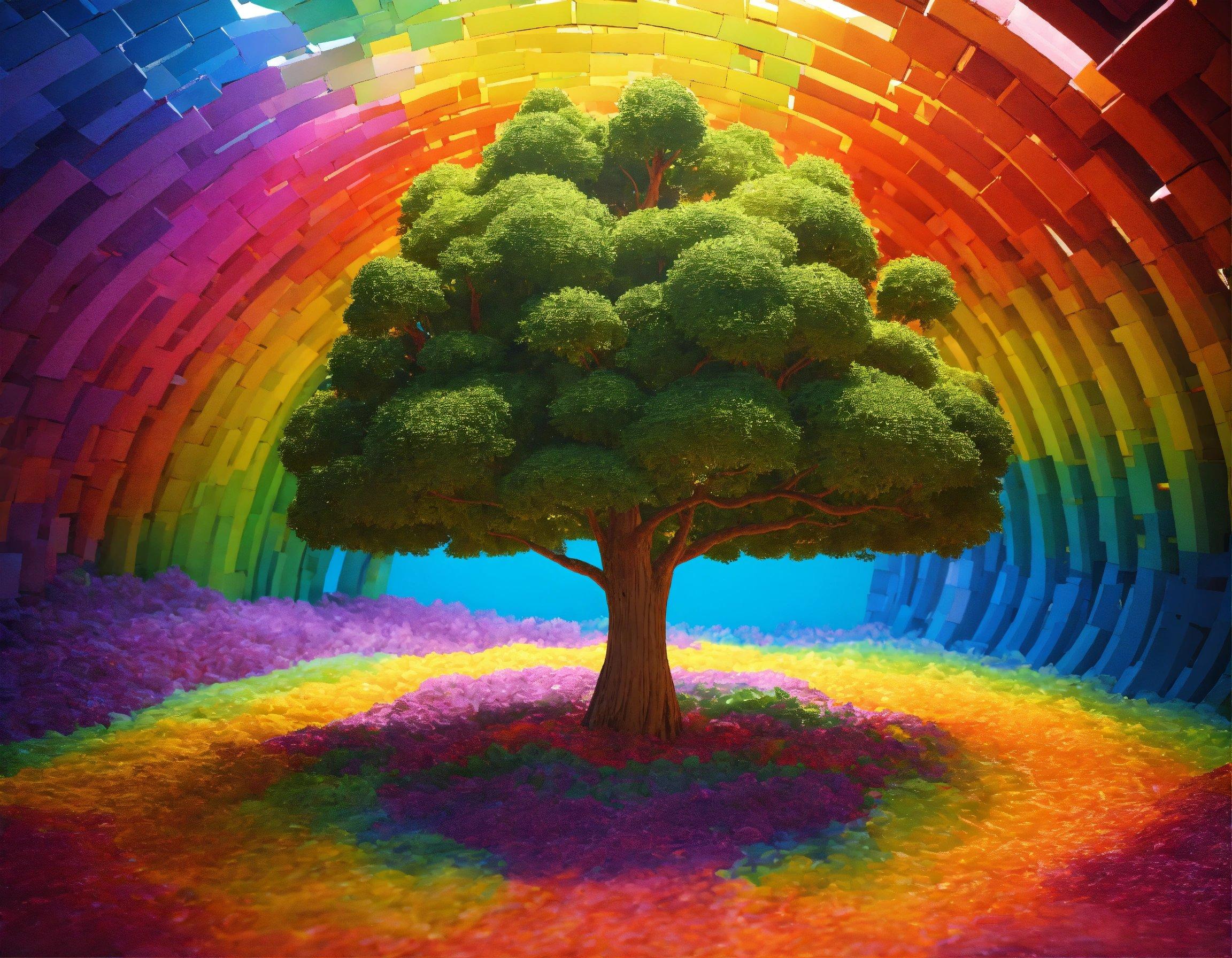 A Painting Of A Tree With A Rainbow Background