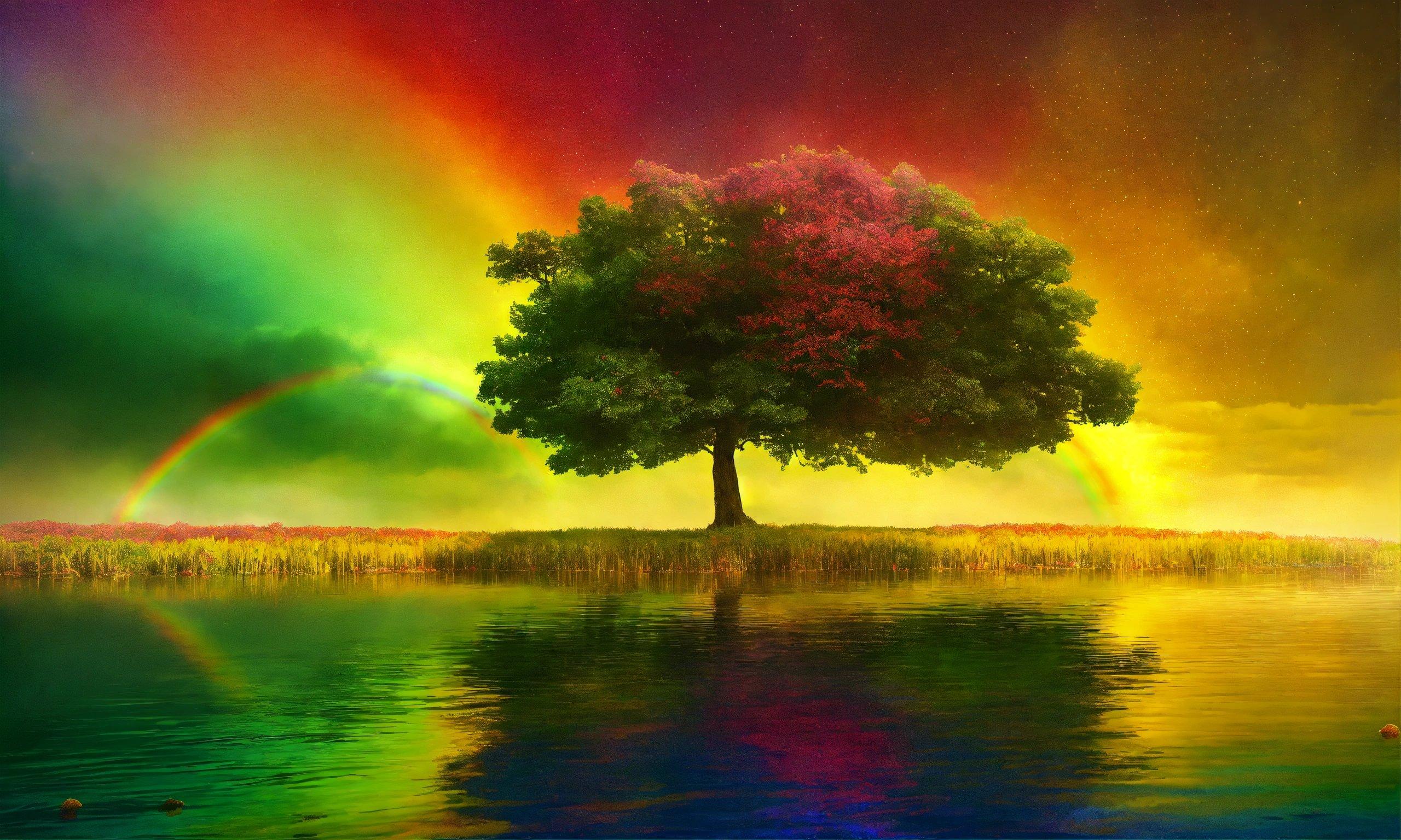 A Painting Of A Tree With A Rainbow In The Background