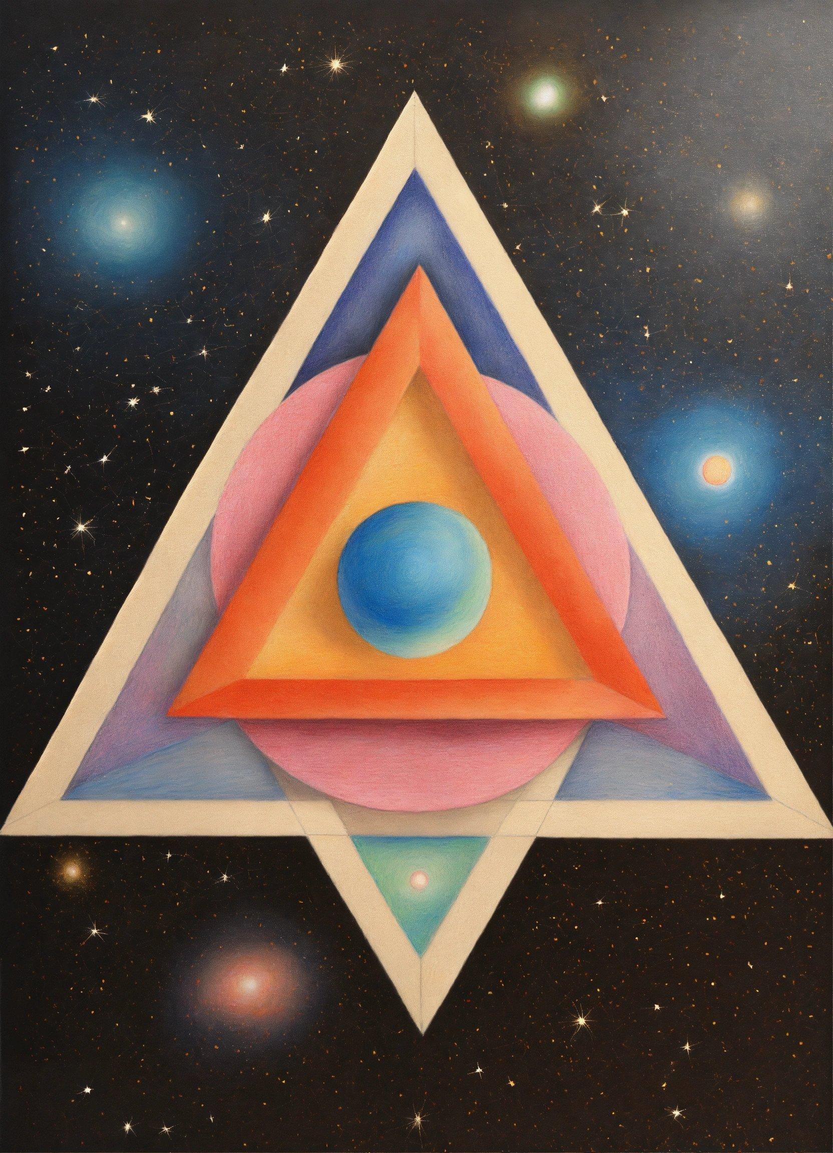 A Painting Of A Triangle With A Blue Ball In The Center