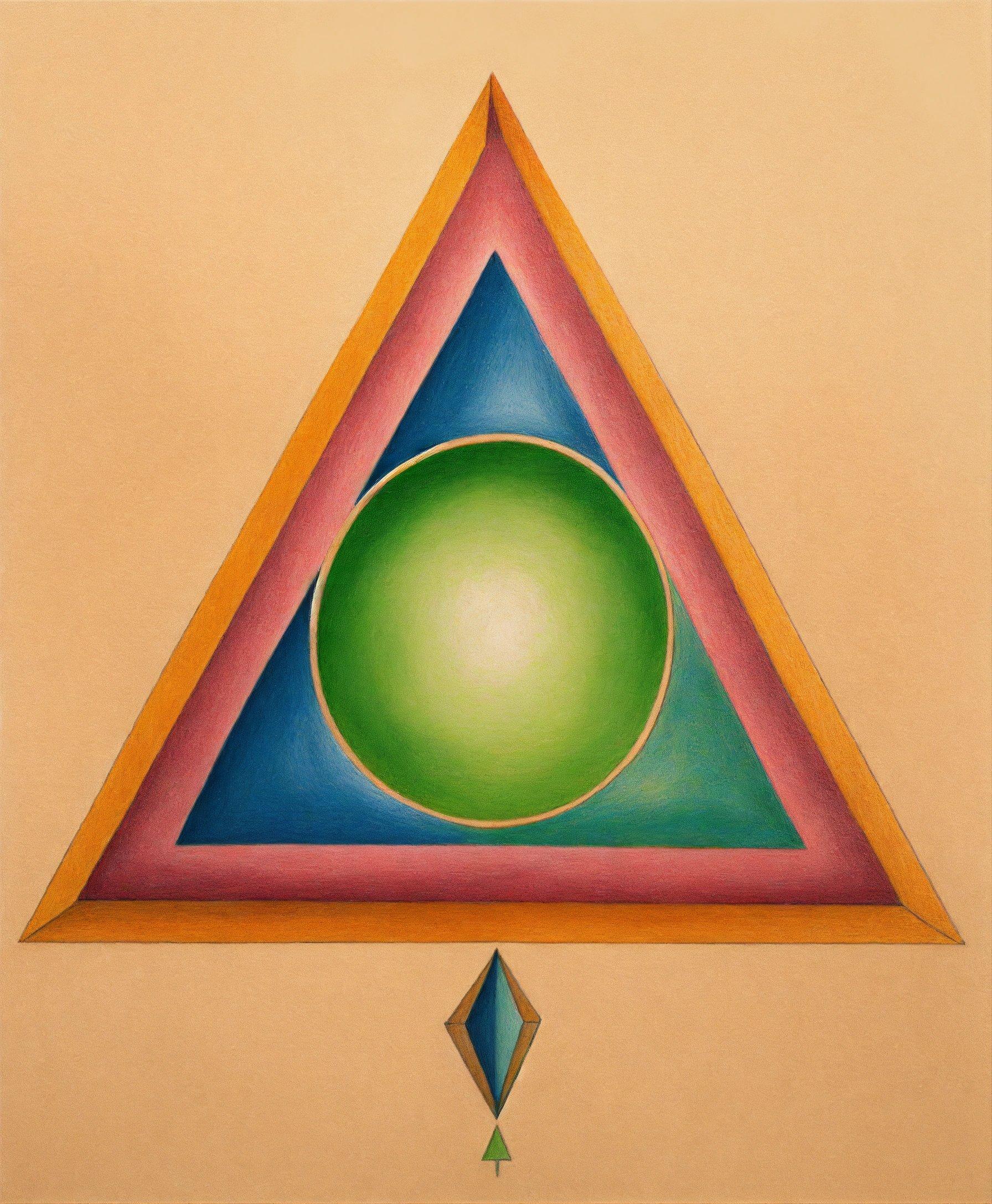 A Painting Of A Triangle With A Green Ball In The Center