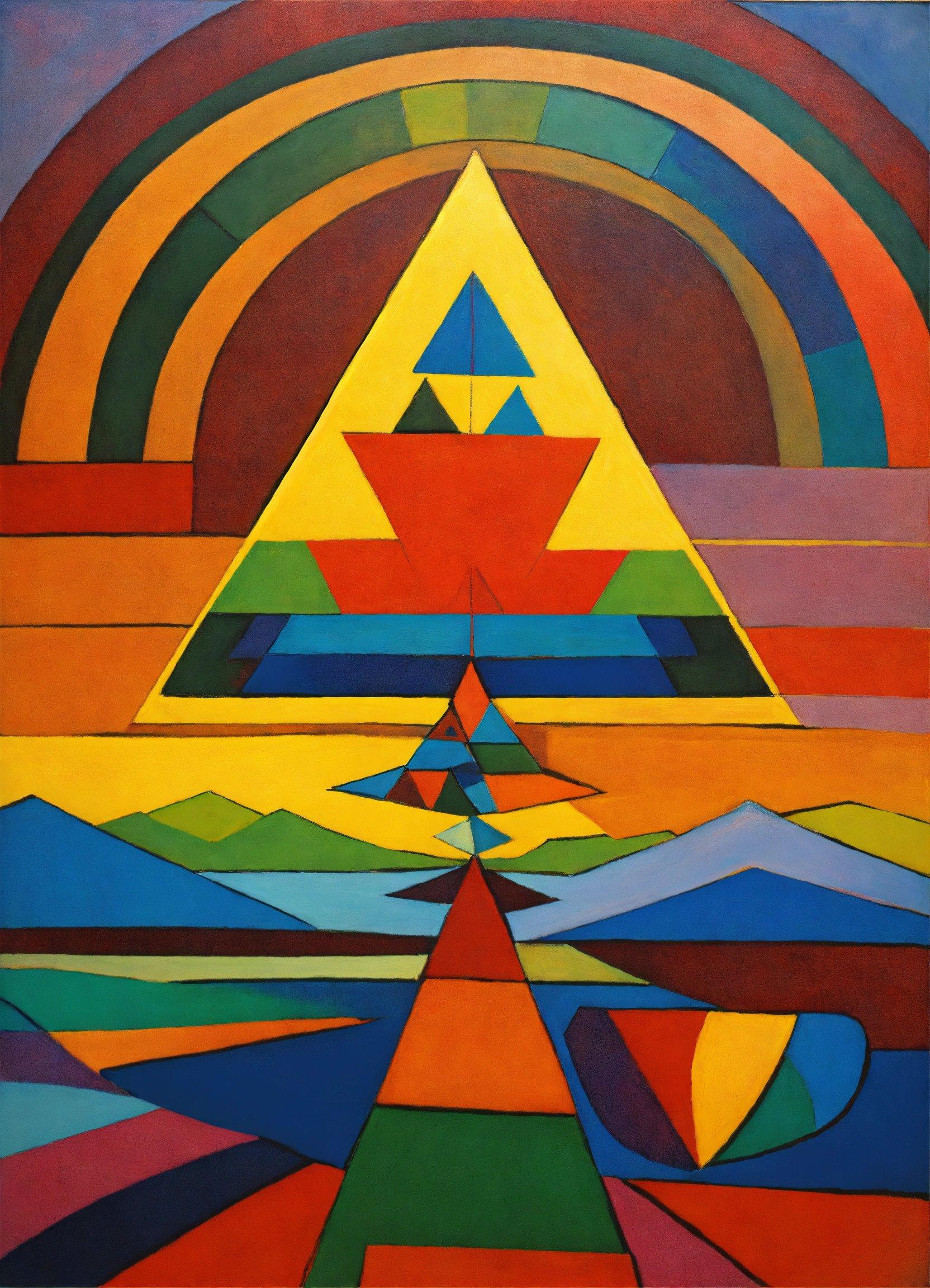 A Painting Of A Triangle With Mountains In The Background