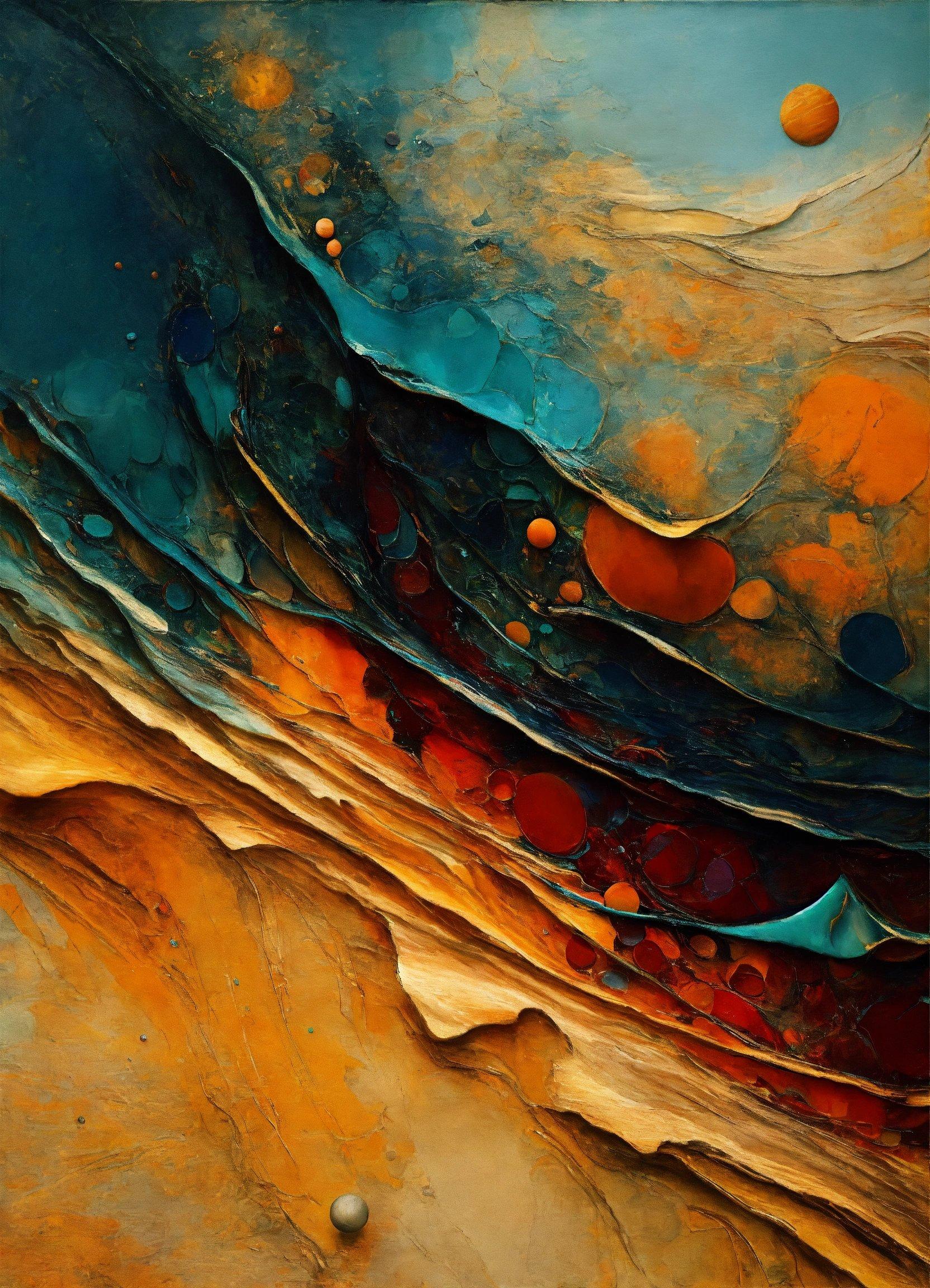 A Painting Of A Wave With Oranges And Blue