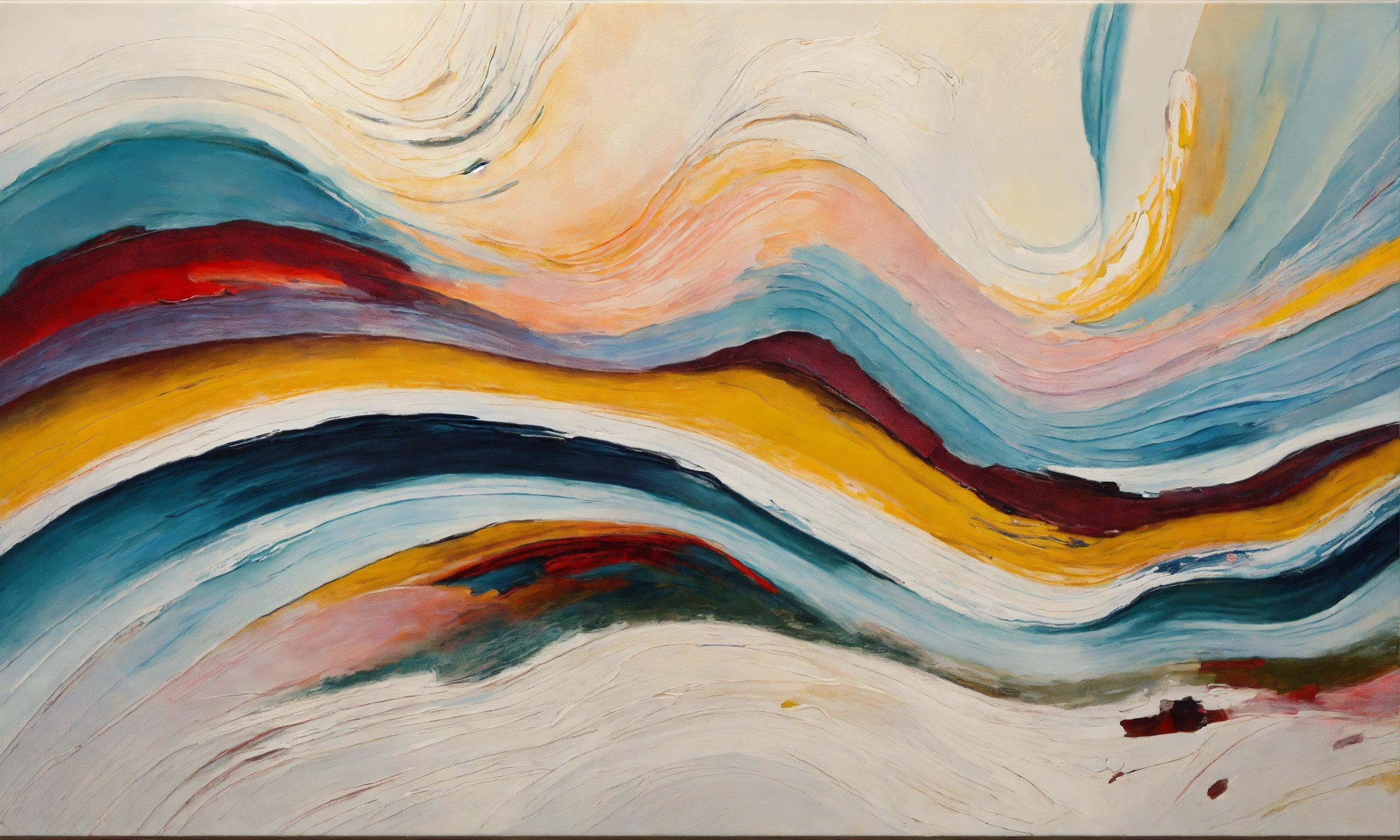 A Painting Of A Wavy Pattern With Red, Yellow, Blue, And White Colors