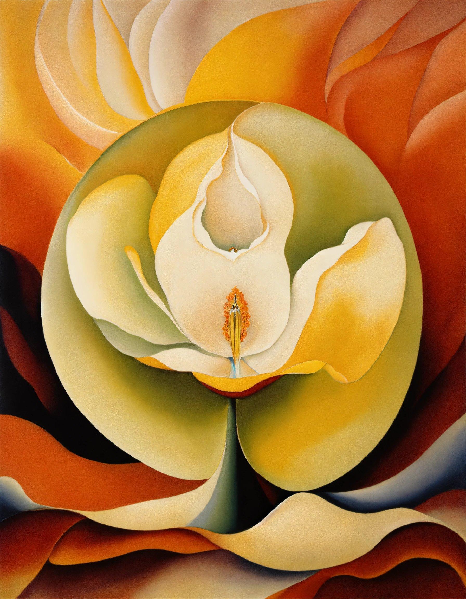 A Painting Of A White Flower With Yellow Center