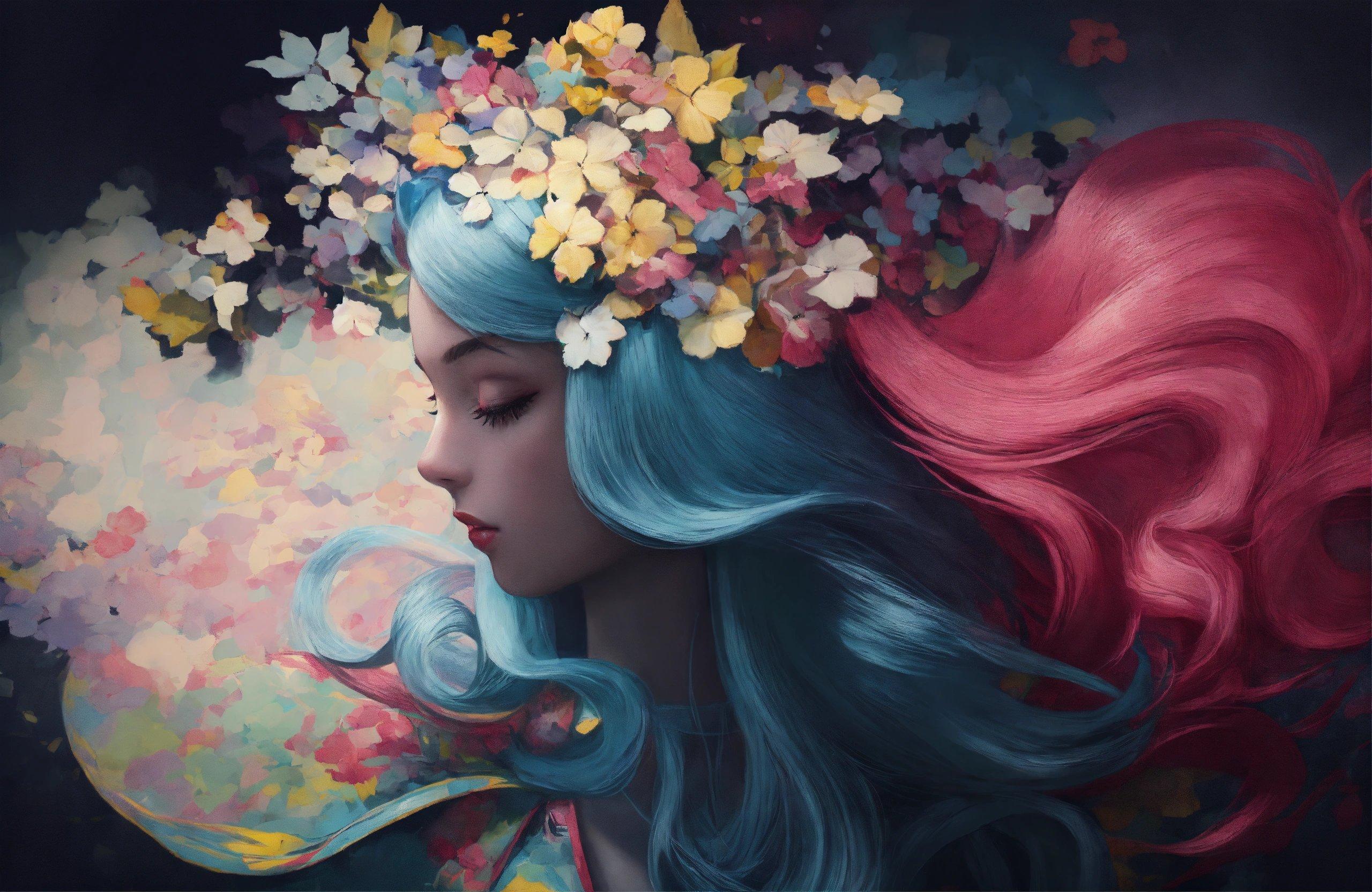 A Painting Of A Woman With Blue Hair And Flowers In Her Hair