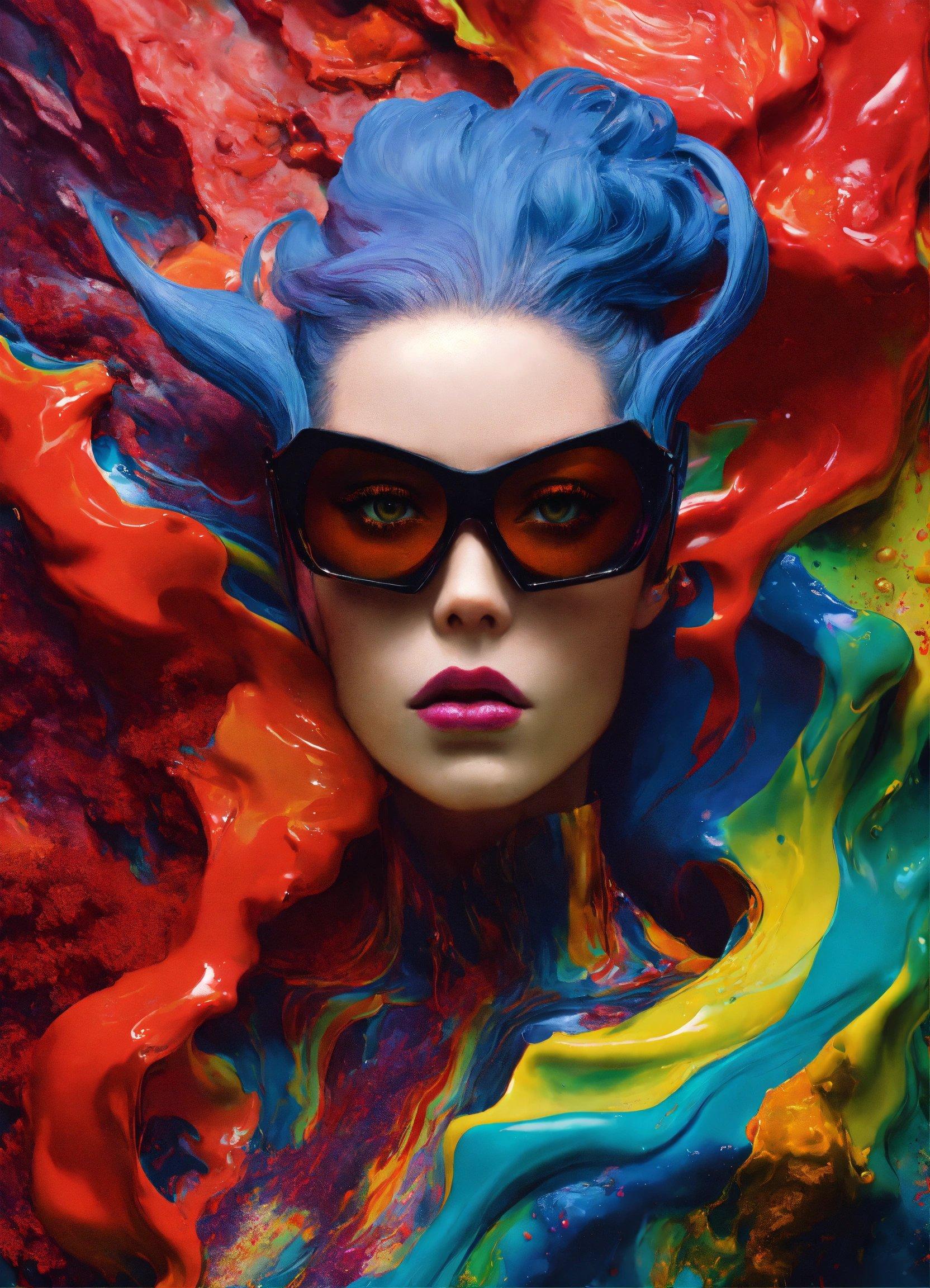 A Painting Of A Woman With Blue Hair And Sunglasses