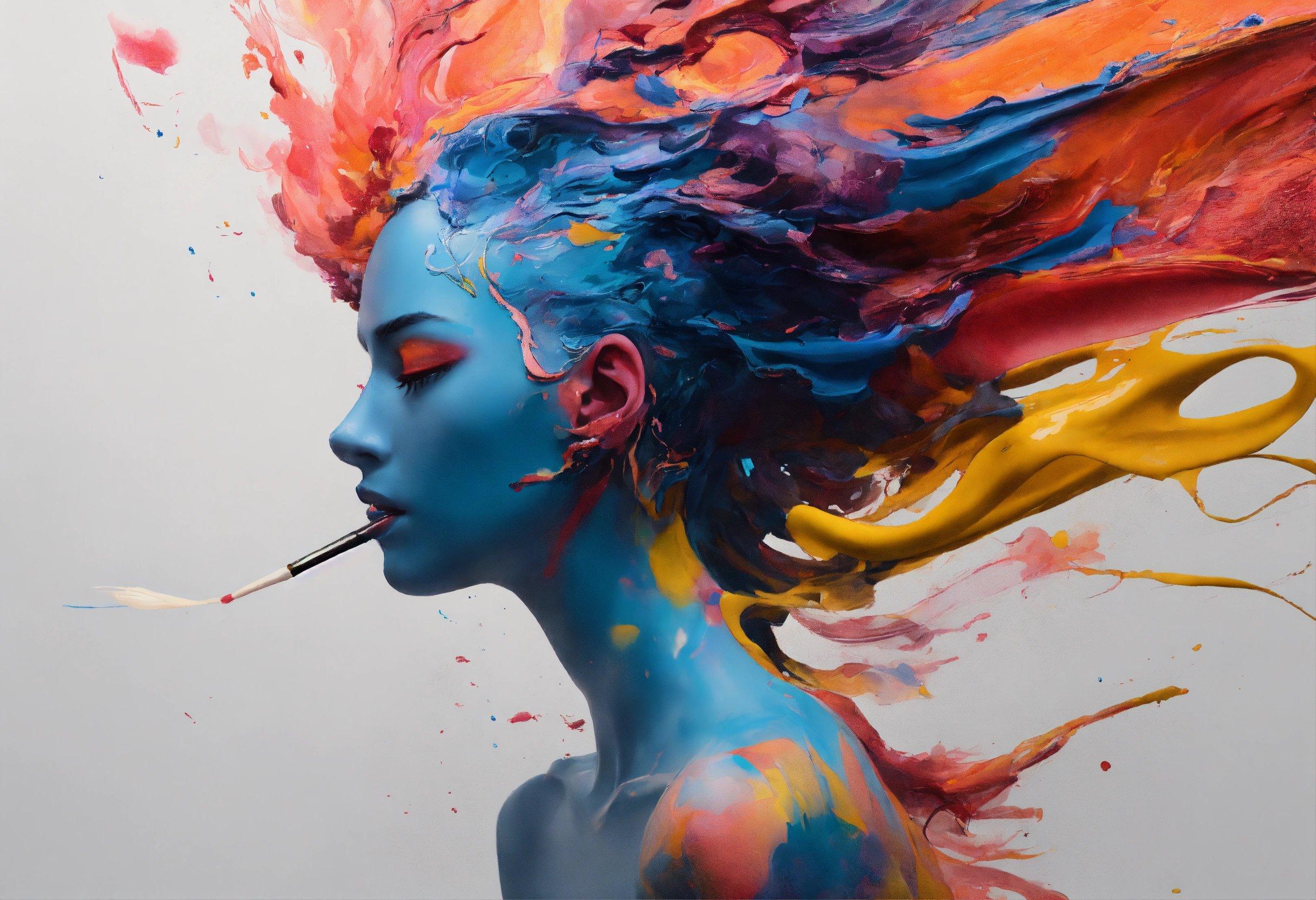 A Painting Of A Woman With Colorful Hair And Scissors In Her Mouth