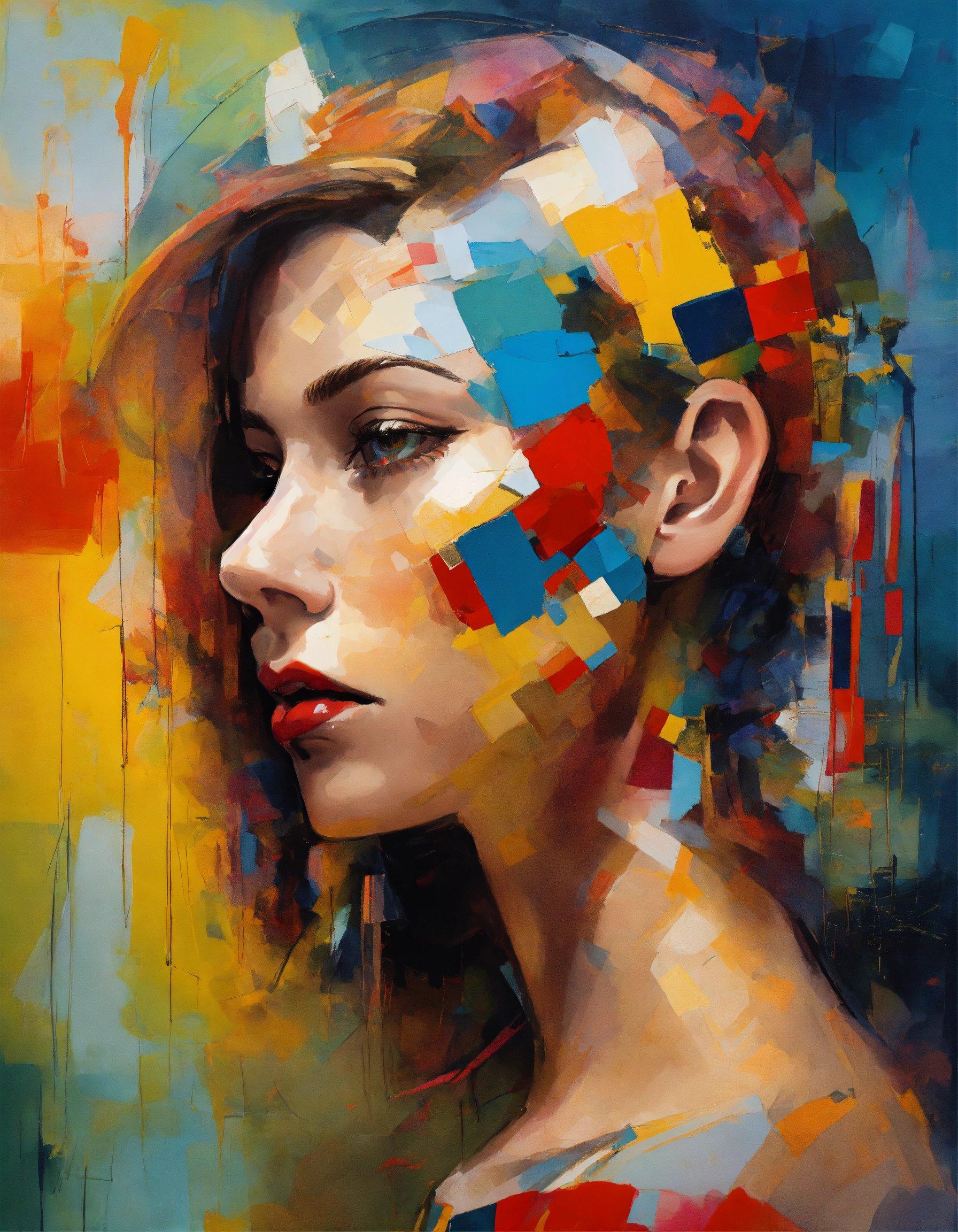 A Painting Of A Woman With Colorful Squares On Her Face