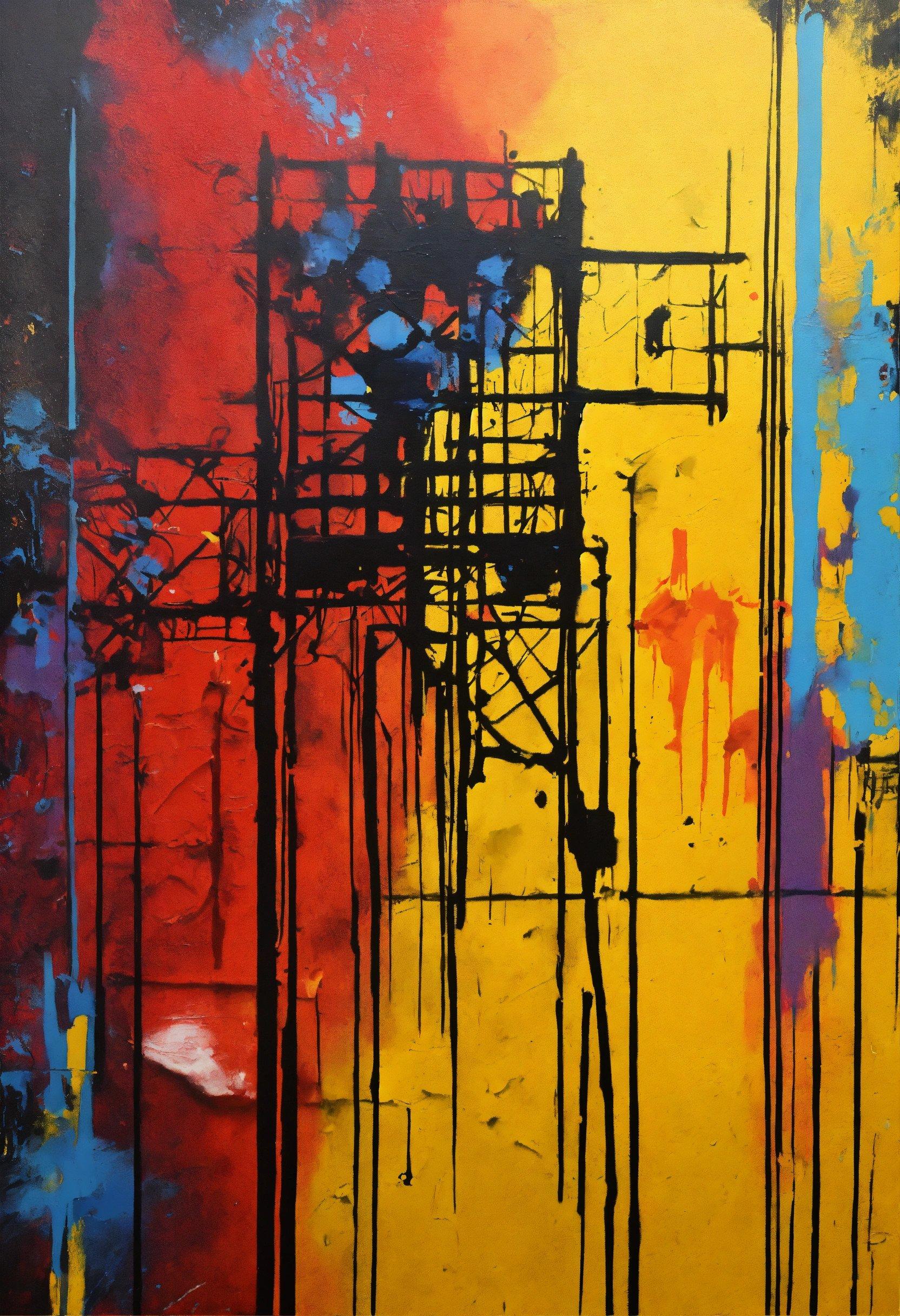 A Painting Of A Yellow, Red, And Blue Structure