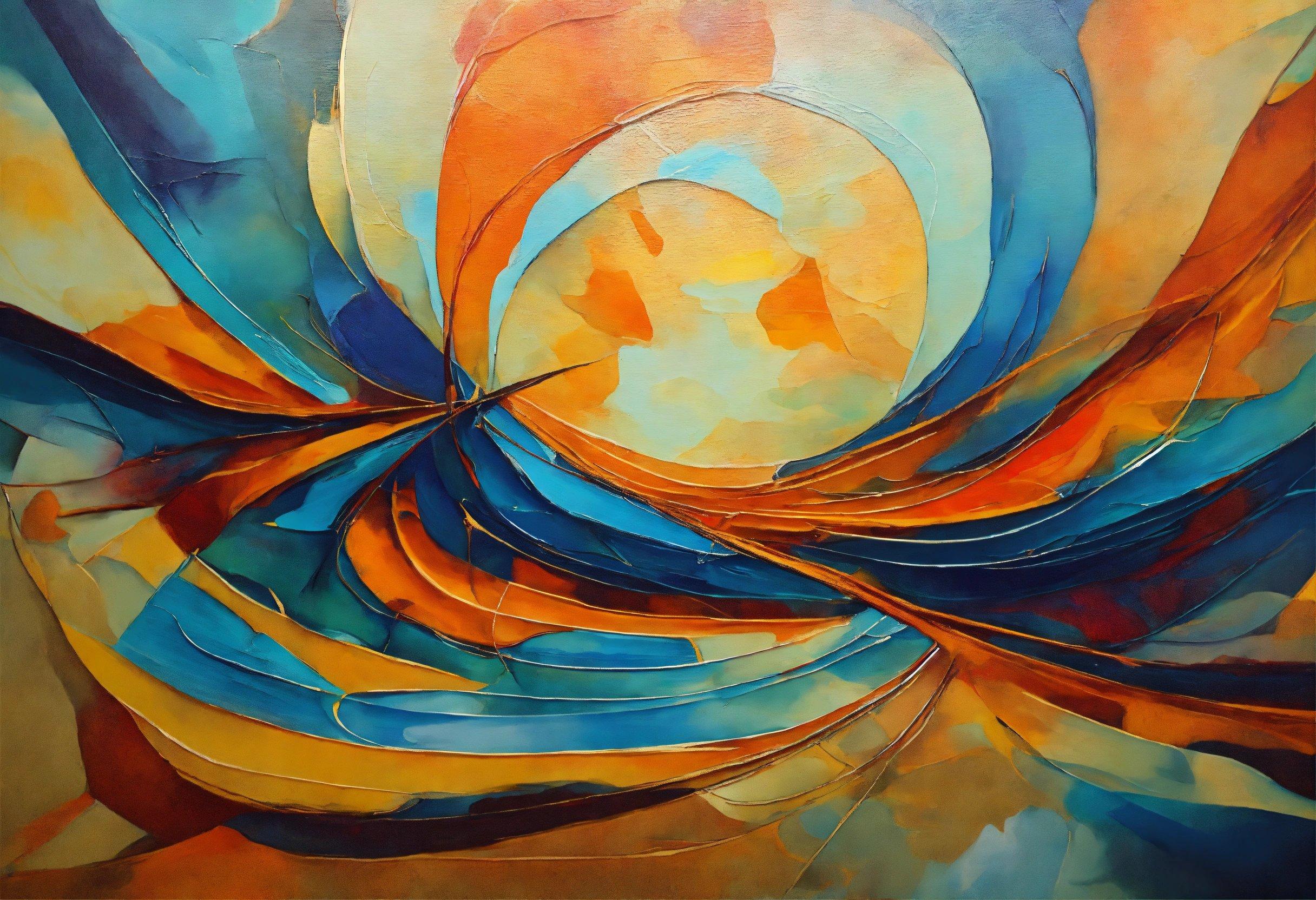 A Painting Of An Abstract Design With Blue, Orange, And Yellow Colors