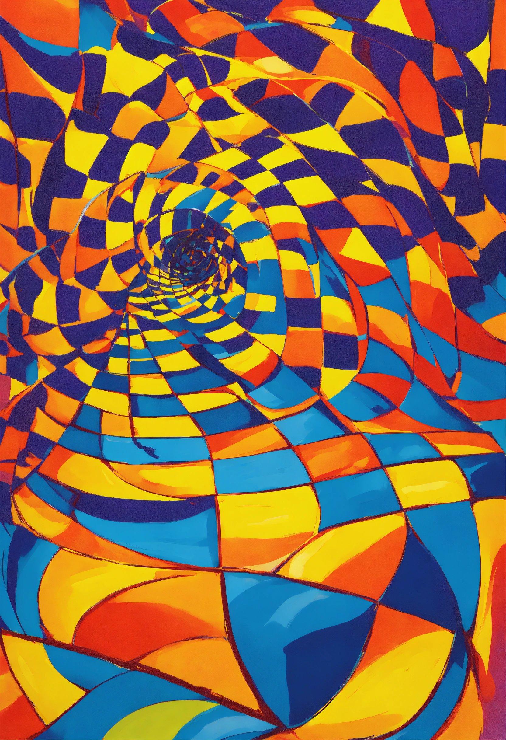 A Painting Of An Abstract Design With Blue, Yellow, And Red Colors