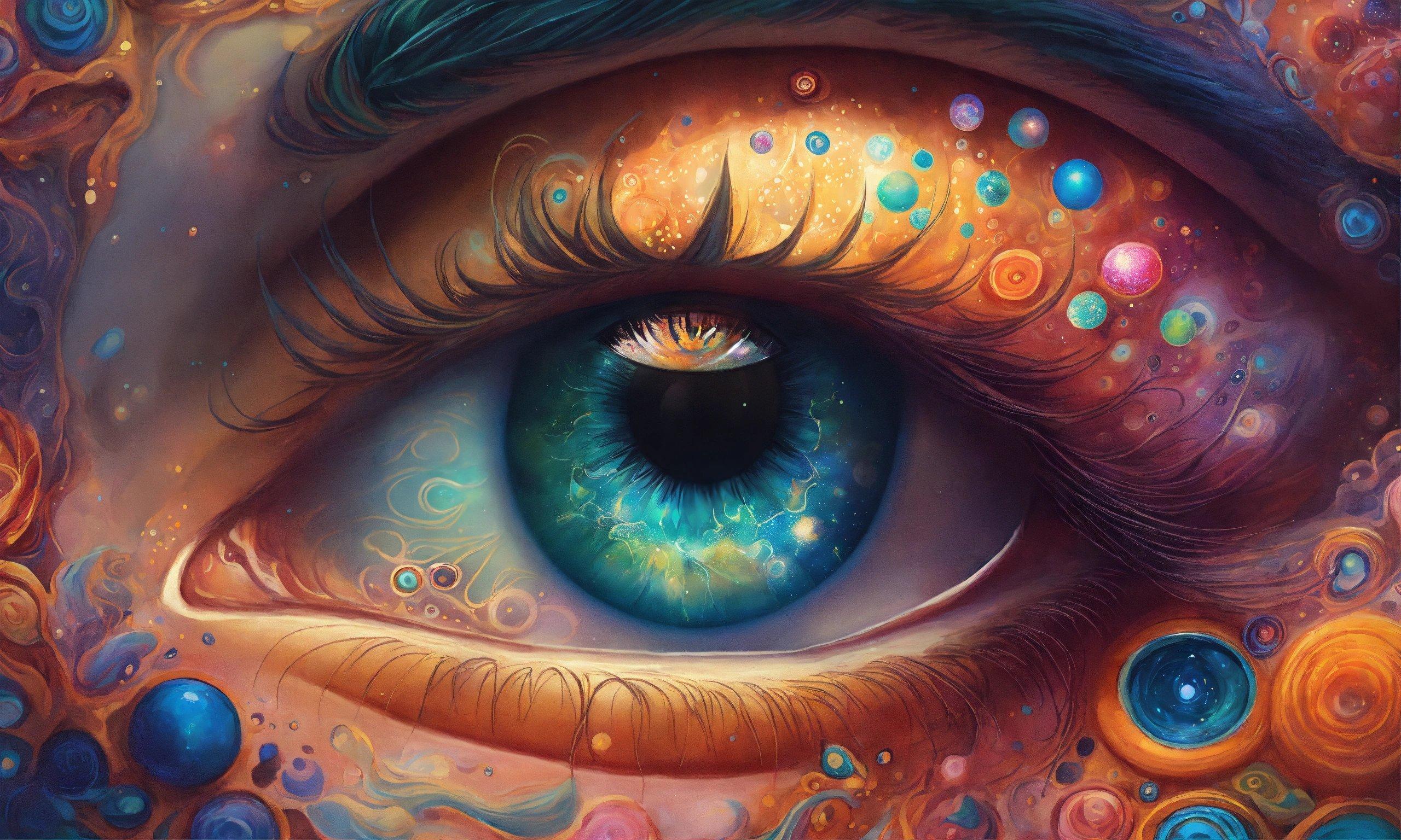 A Painting Of An Eye With Bubbles And Bubbles Around It