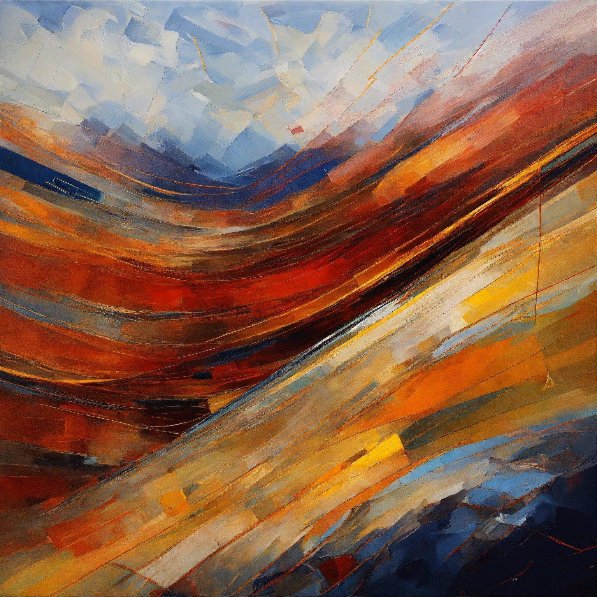 A Painting Of An Orange, Blue, And Yellow Landscape