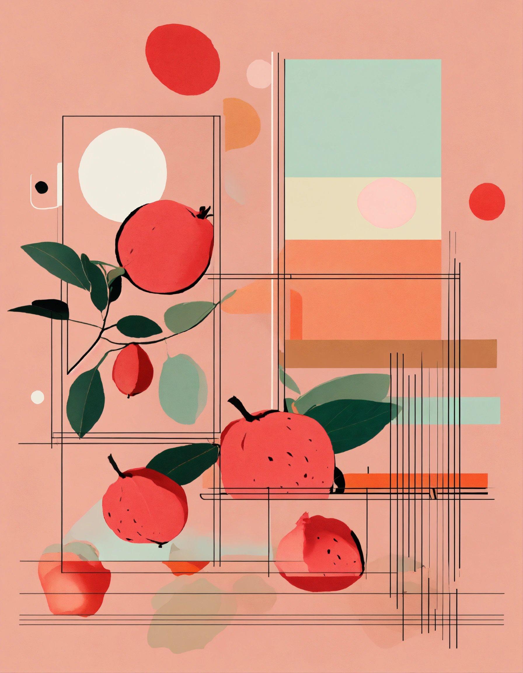 A Painting Of Apples And Leaves On A Pink Background