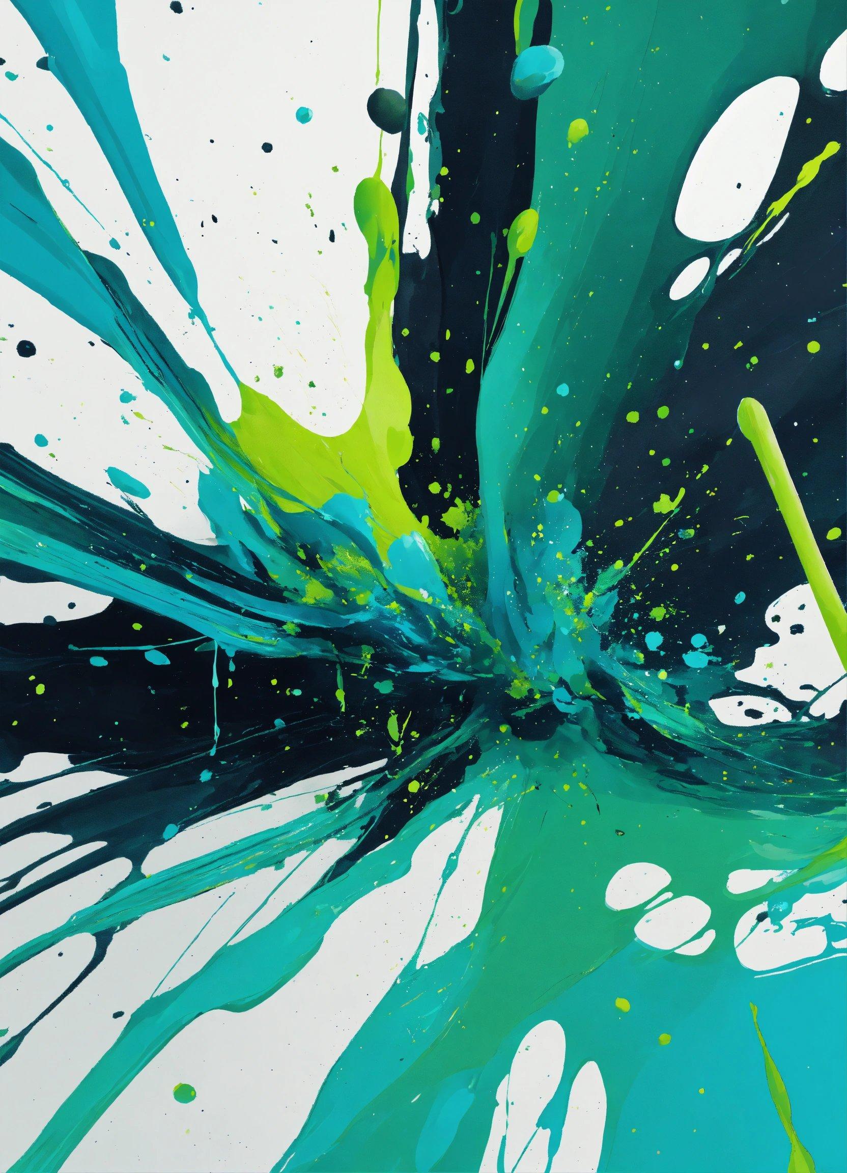 A Painting Of Blue And Green Paint Splattered On A White Background