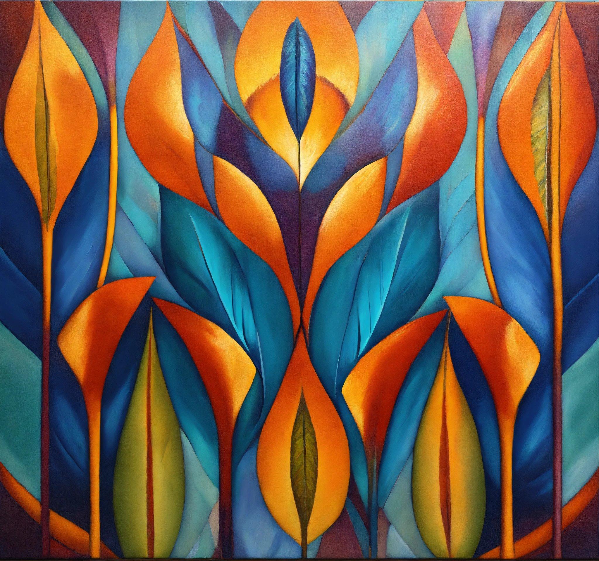 A Painting Of Blue, Orange And Yellow Leaves