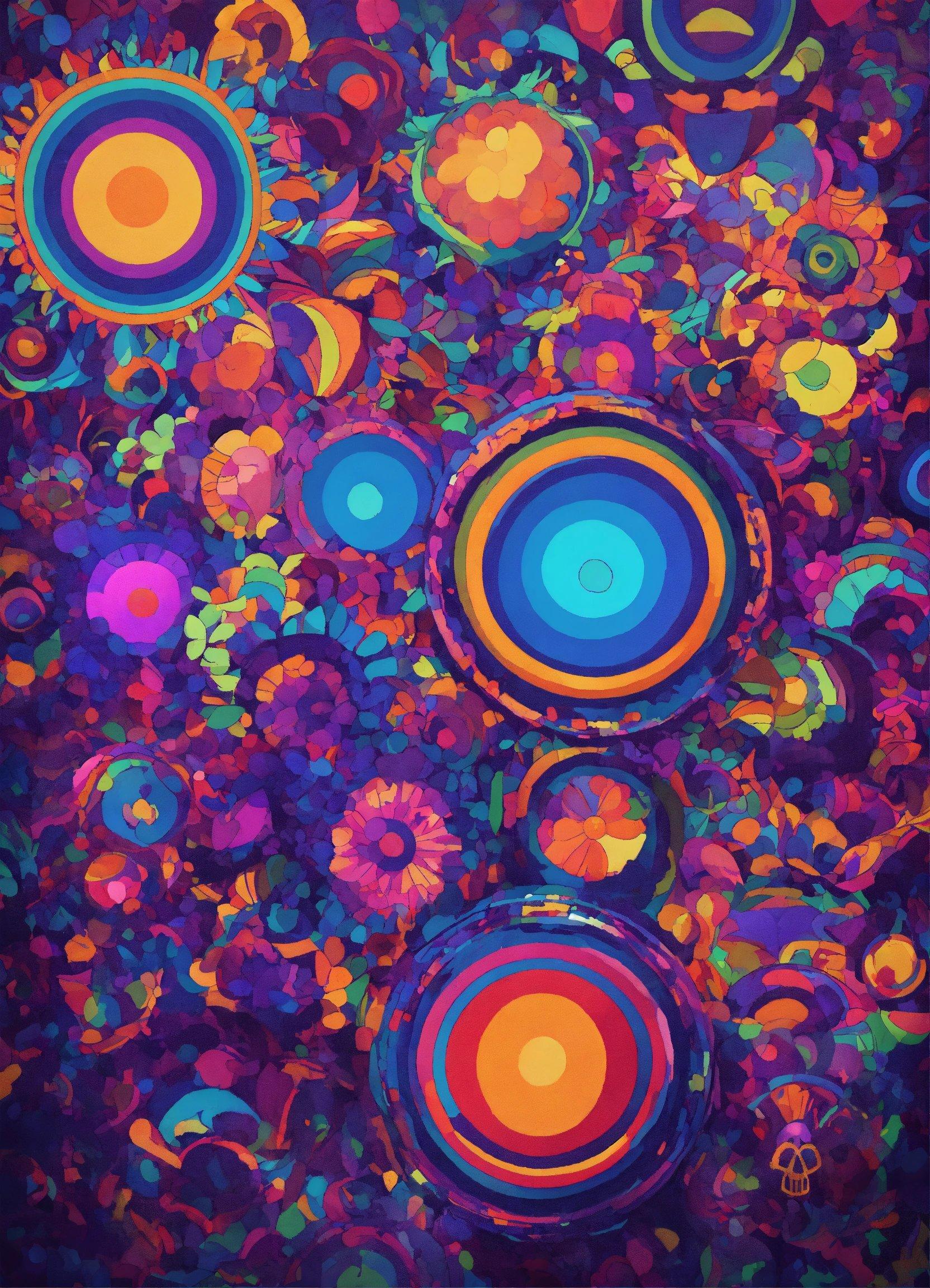 A Painting Of Circles And Flowers On A Purple Background