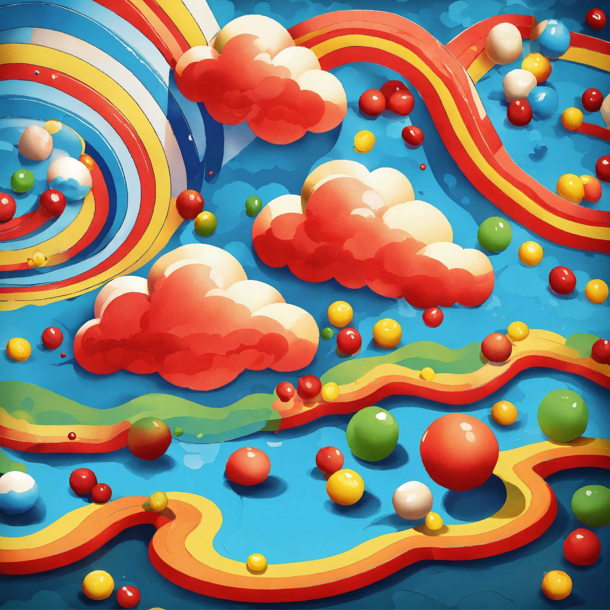 A Painting Of Clouds And Rainbows In A Blue Sky