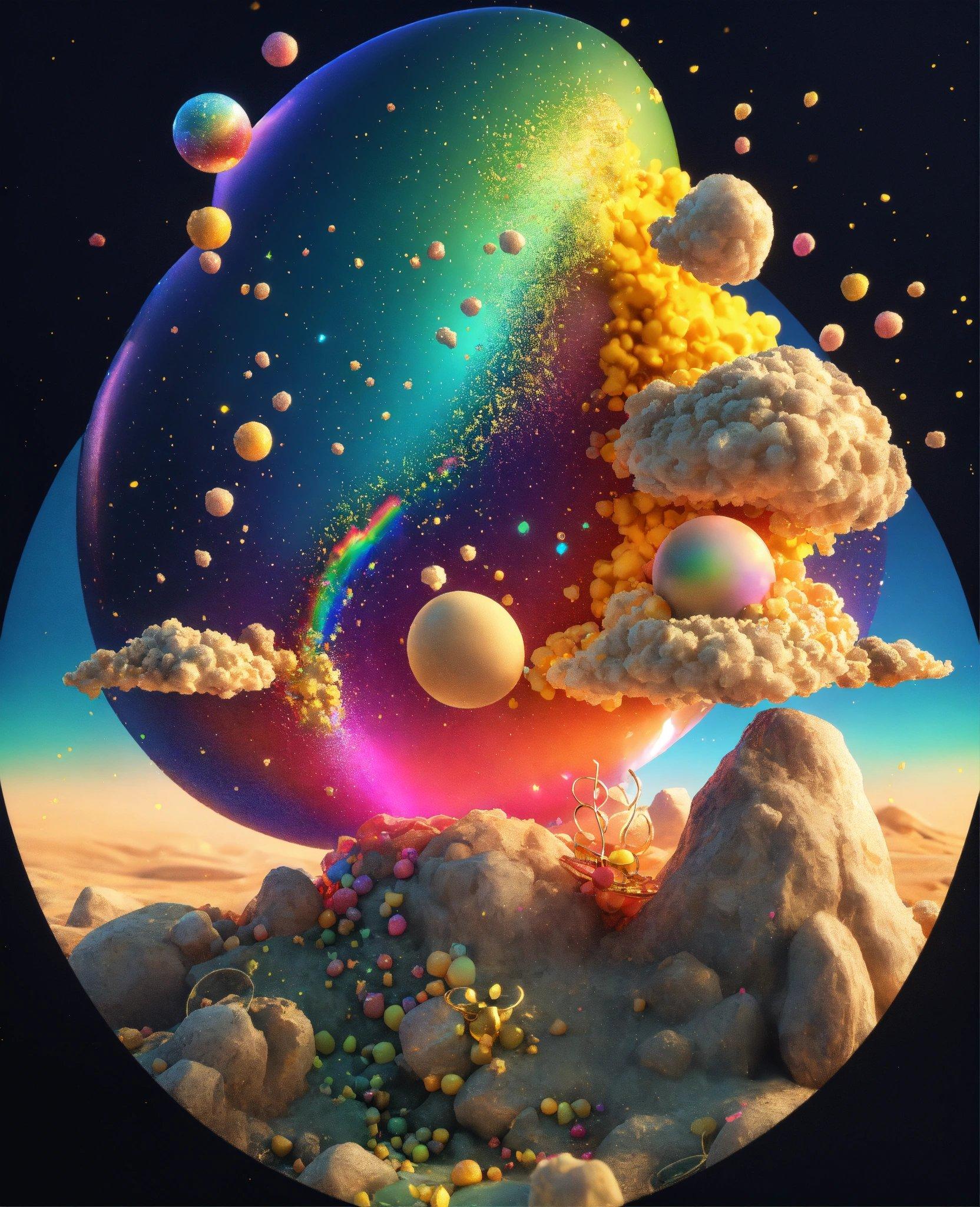 A Painting Of Clouds, Planets, And A Rainbow