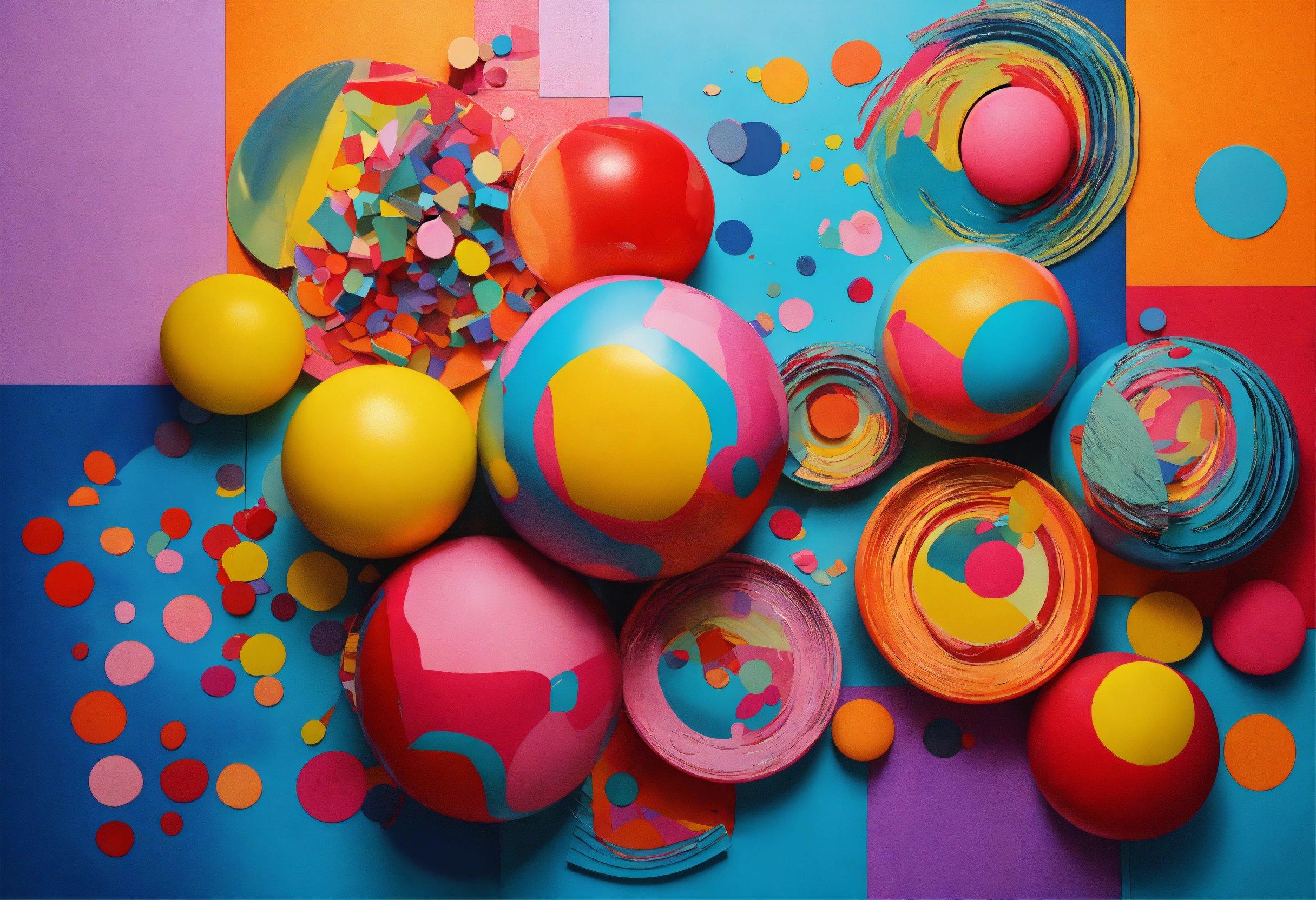 A Painting Of Colorful Balls And Confetti On A Multicolored Background