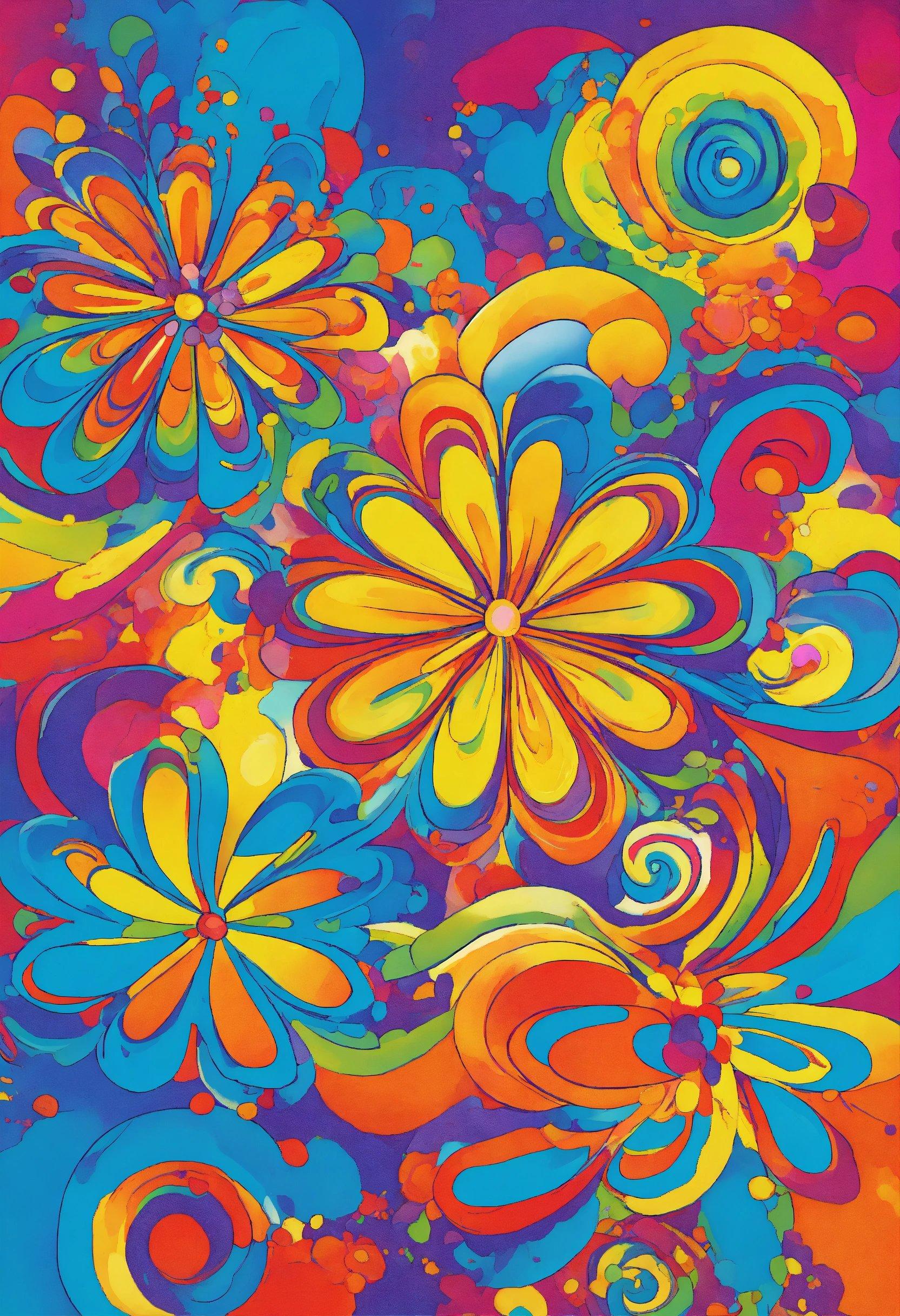 A Painting Of Colorful Flowers And Swirls On A Blue Background