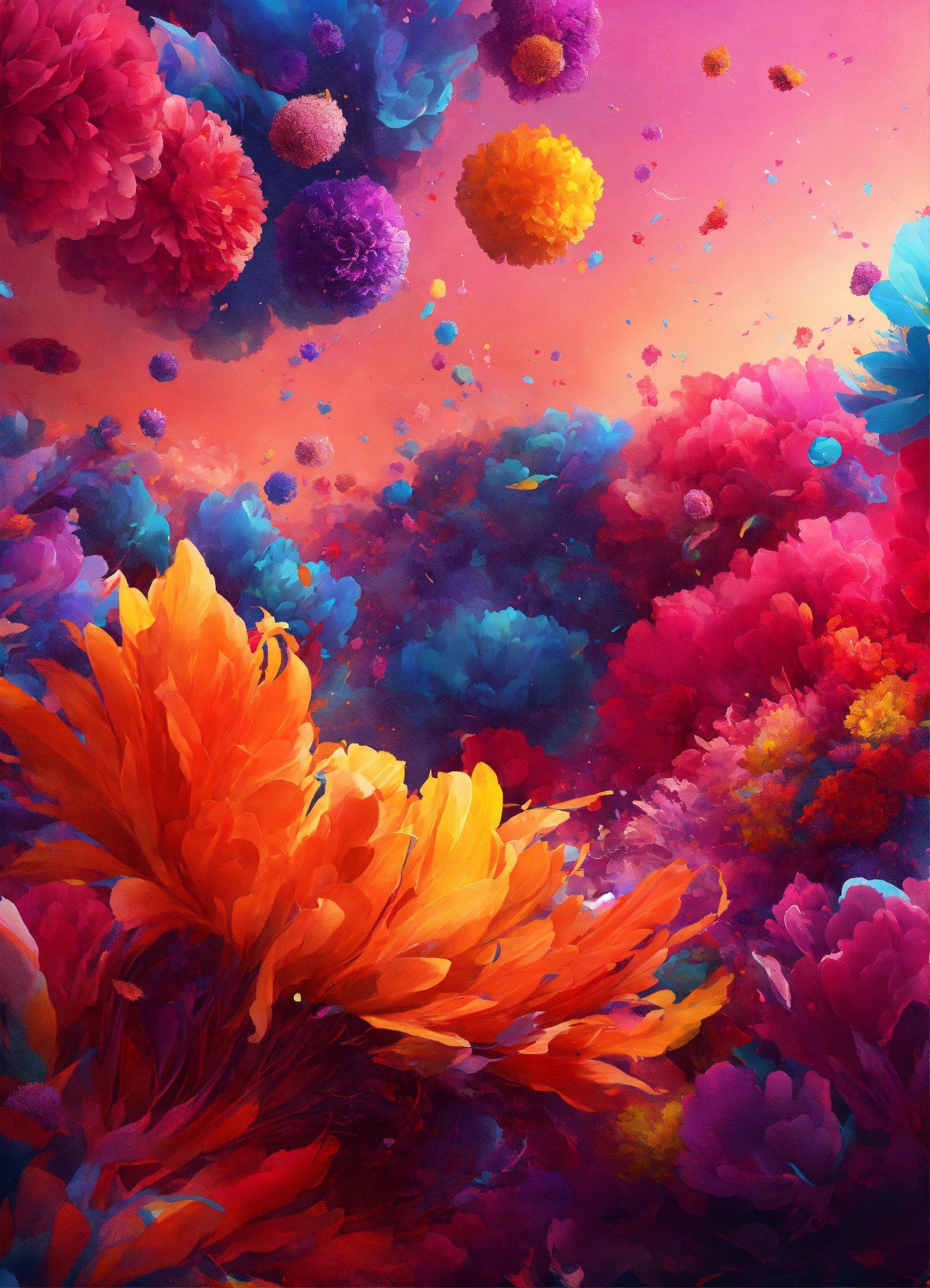 A Painting Of Colorful Flowers Floating In The Air