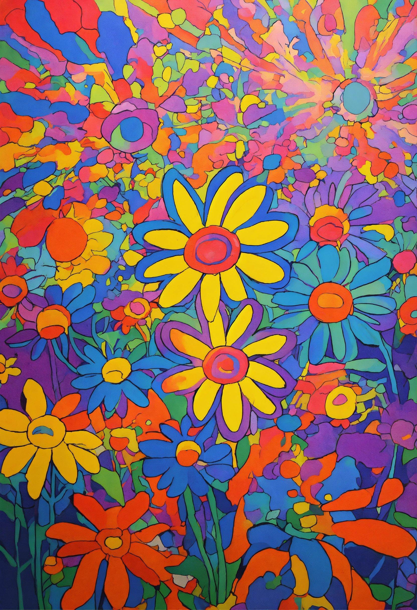 A Painting Of Colorful Flowers In A Field