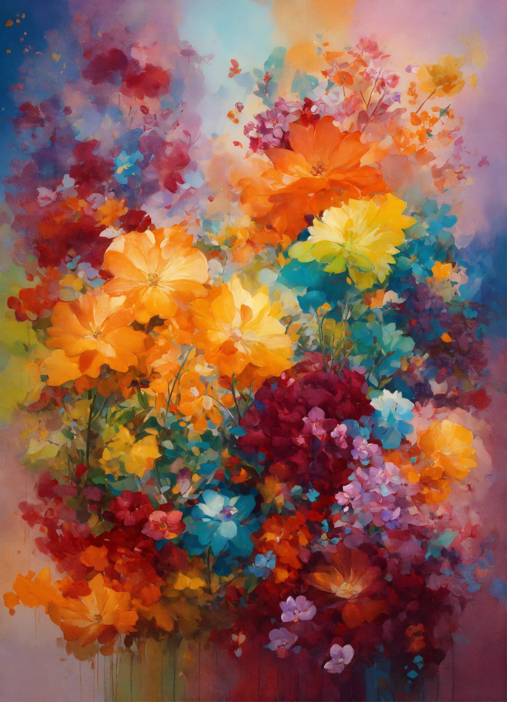 A Painting Of Colorful Flowers In A Vase