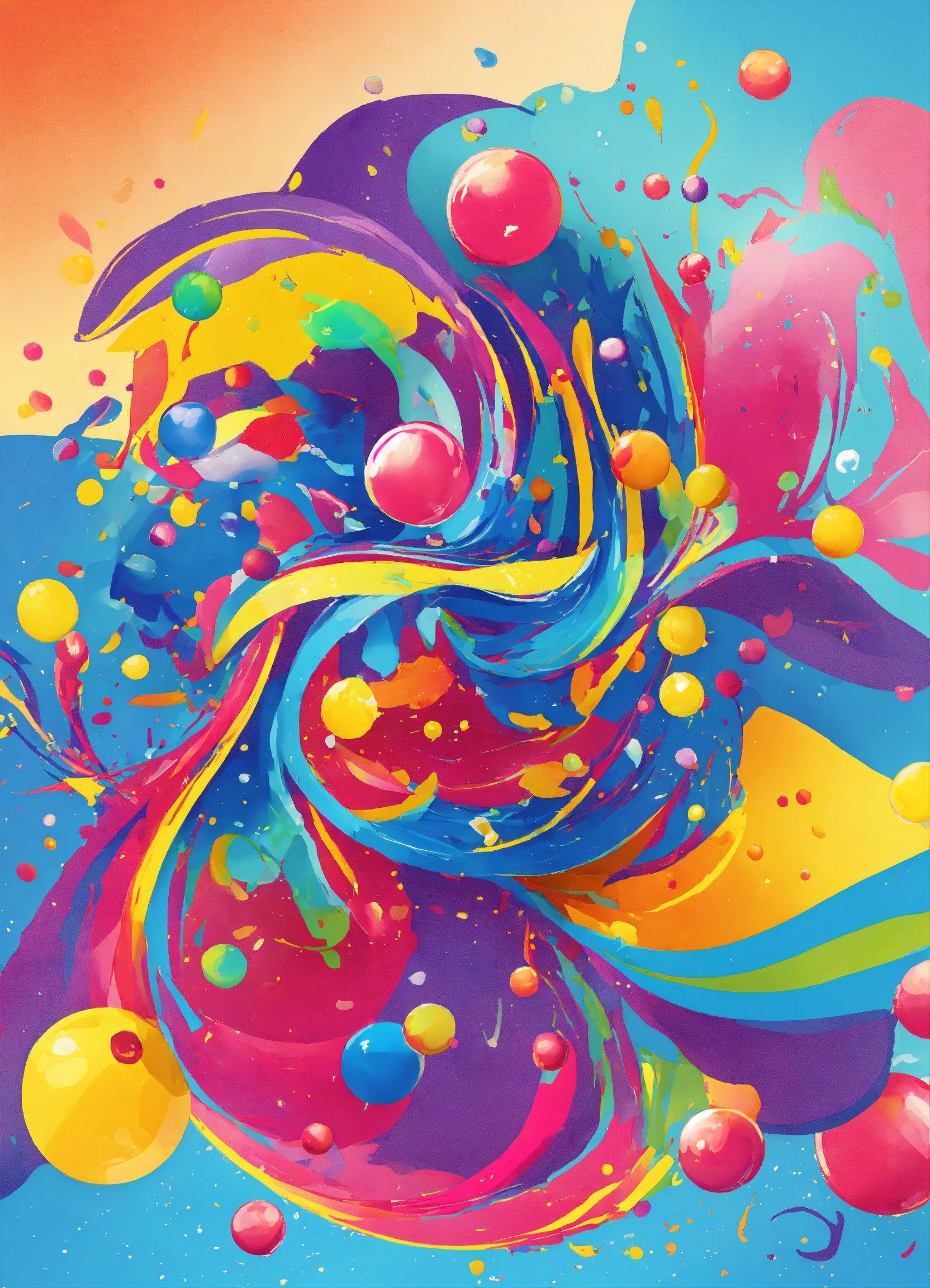 A Painting Of Colorful Paint And Bubbles On A Blue Background