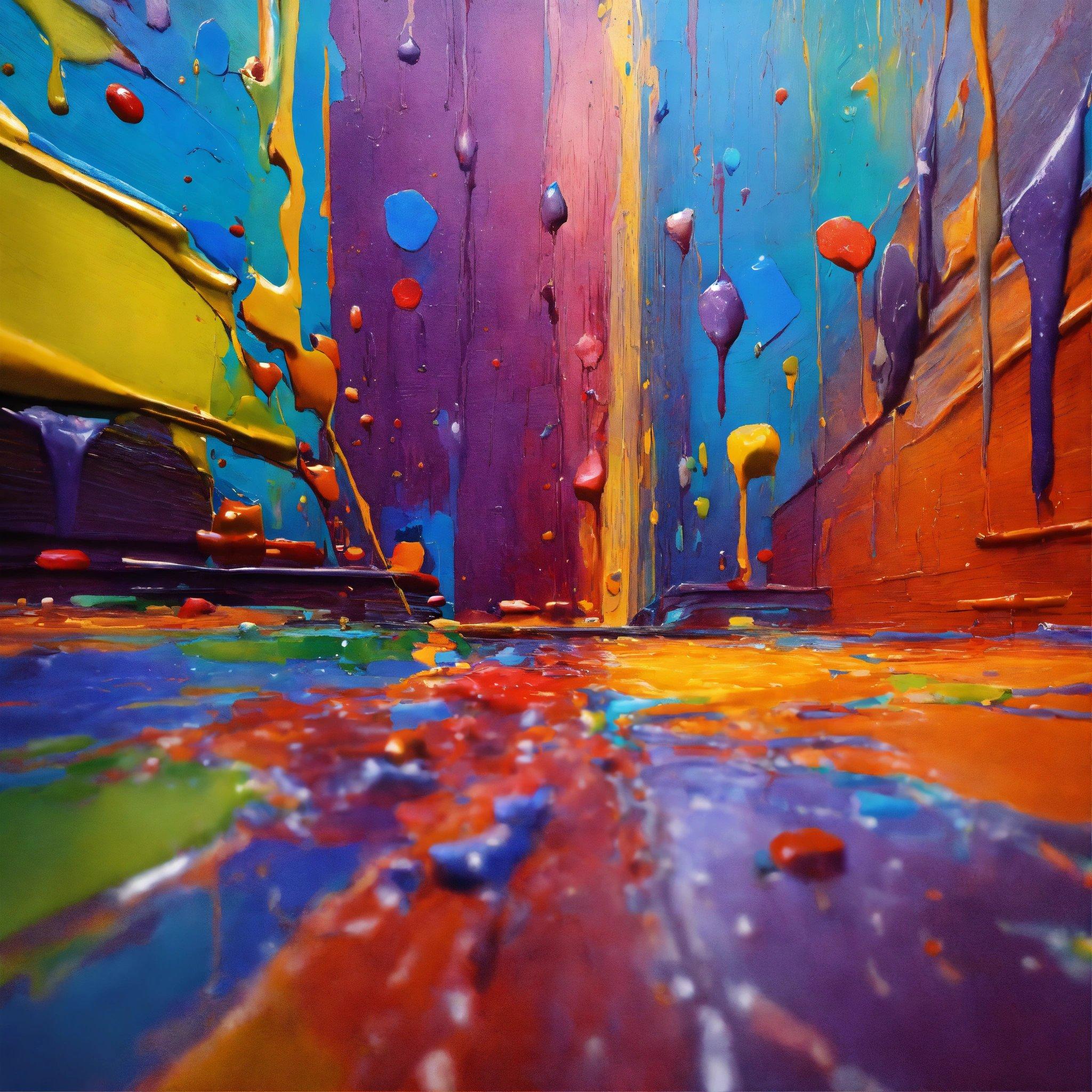 A Painting Of Colorful Paint Pouring Down The Side Of A Building