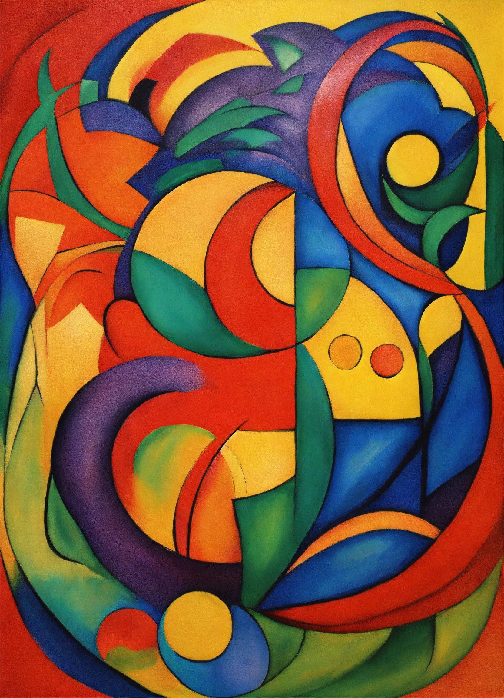 A Painting Of Colorful Shapes On A Red Background