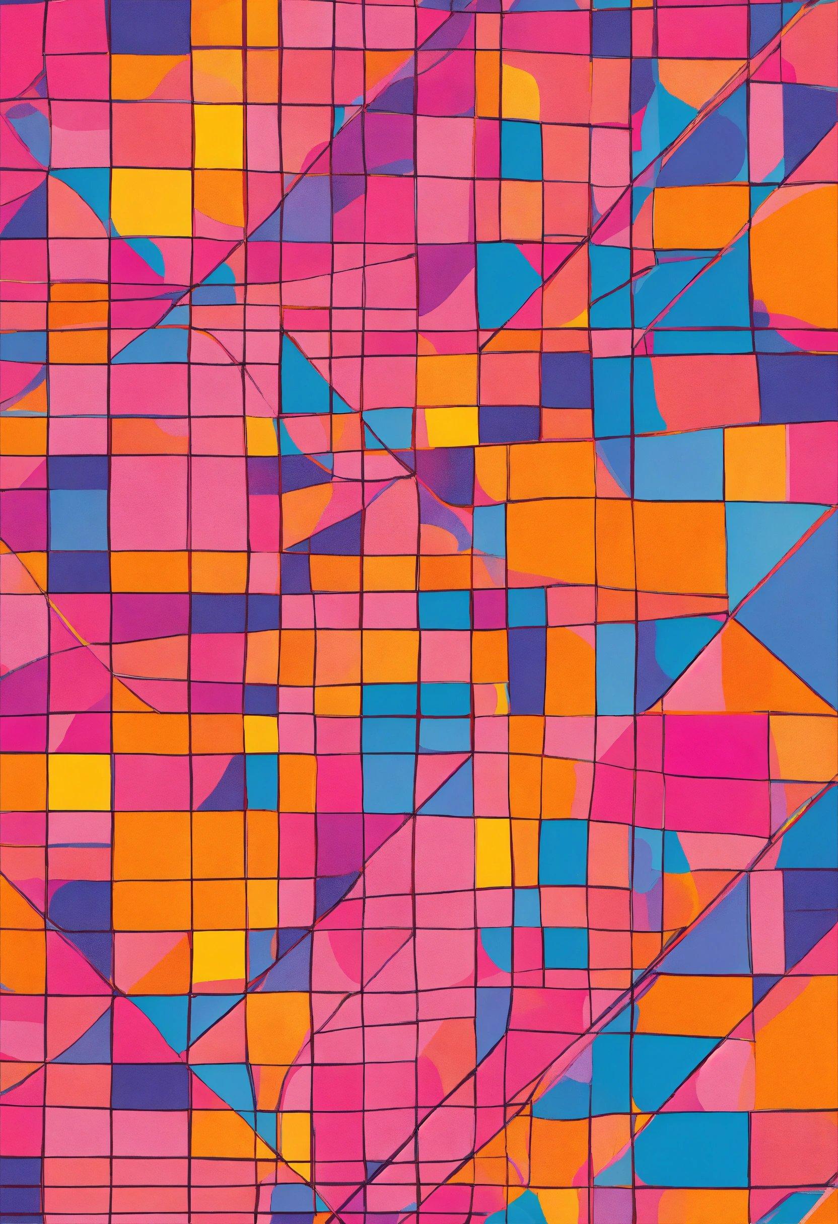 A Painting Of Colorful Squares And Lines On A Pink Background