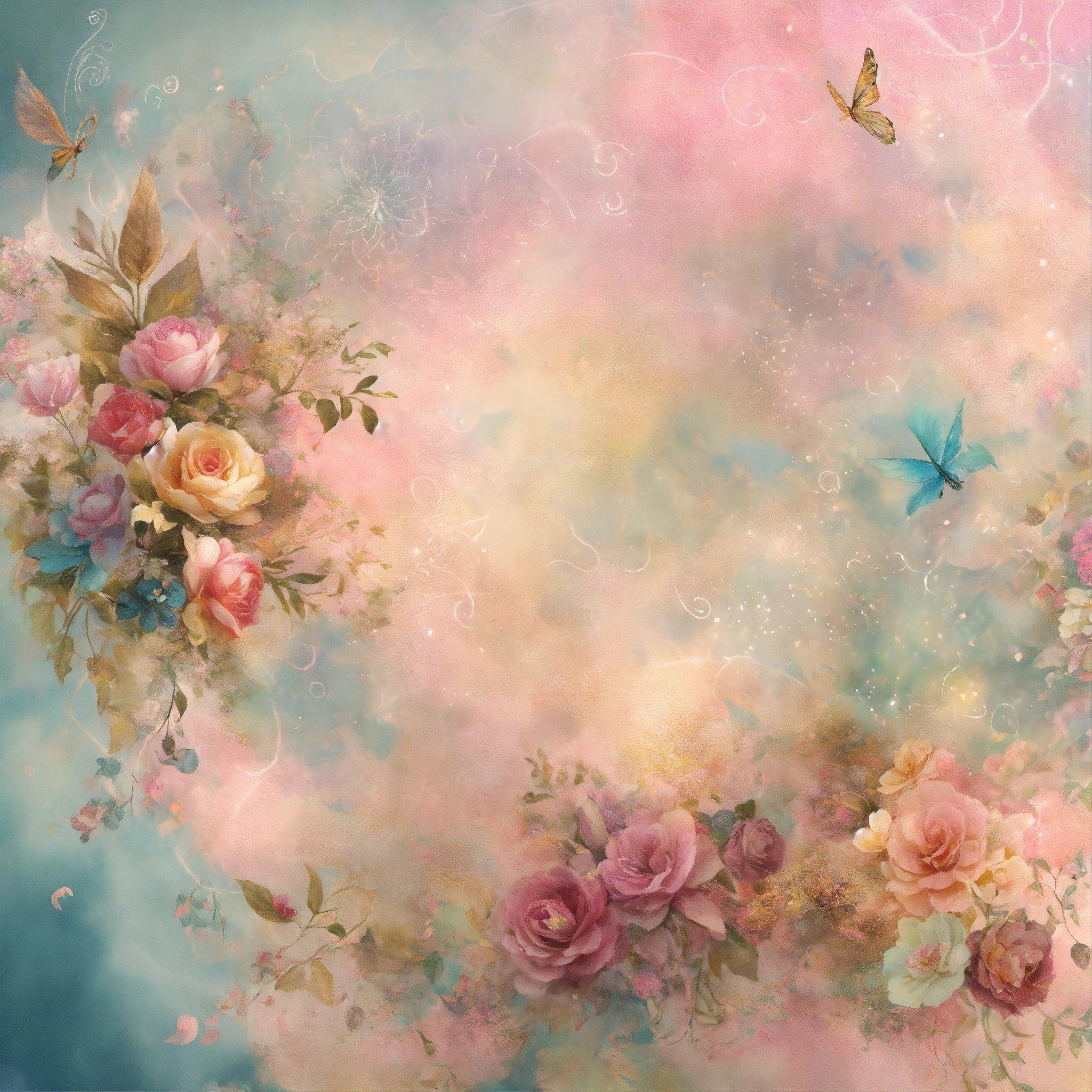 A Painting Of Flowers And Butterflies On A Blue And Pink Background