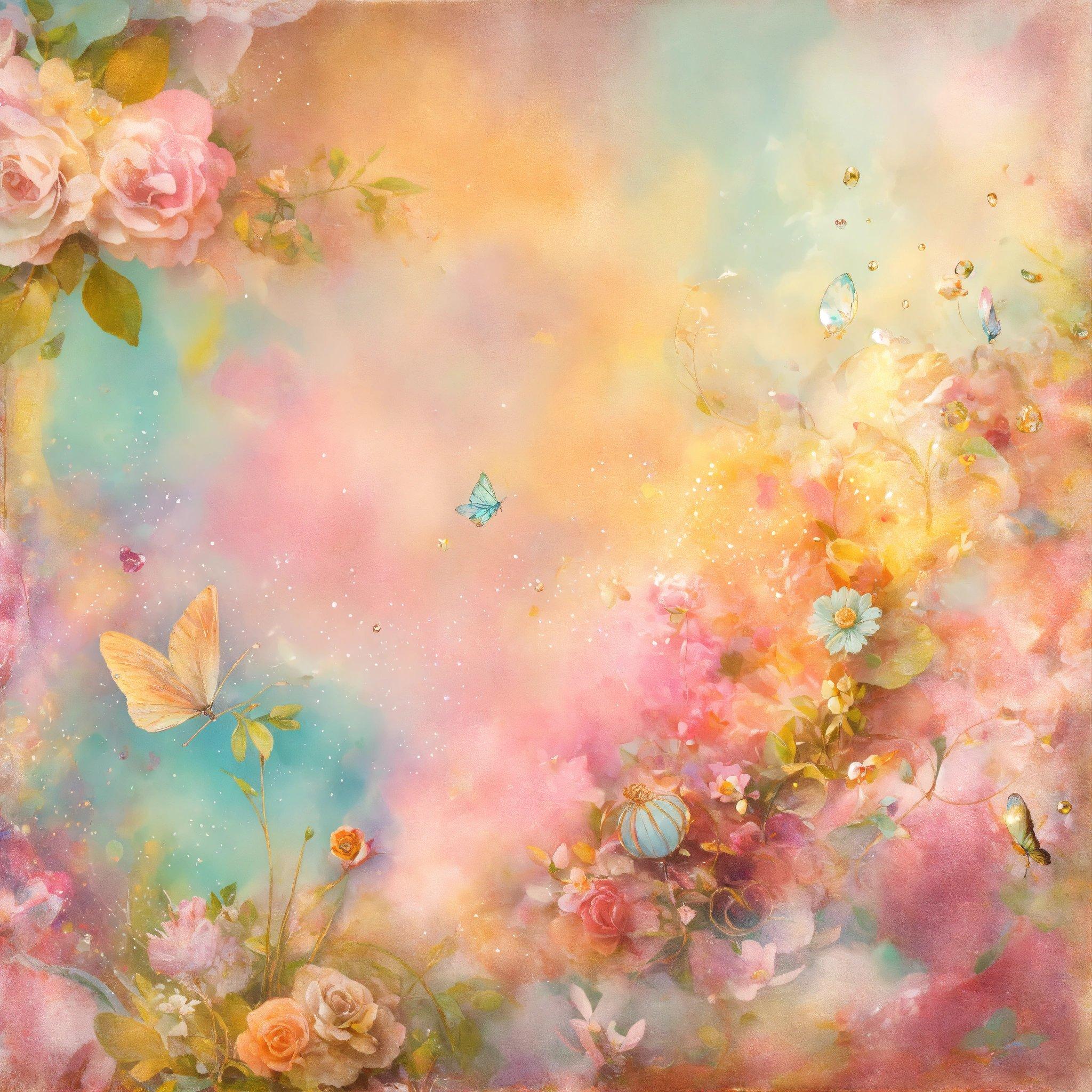 A Painting Of Flowers And Butterflies With A Sky Background