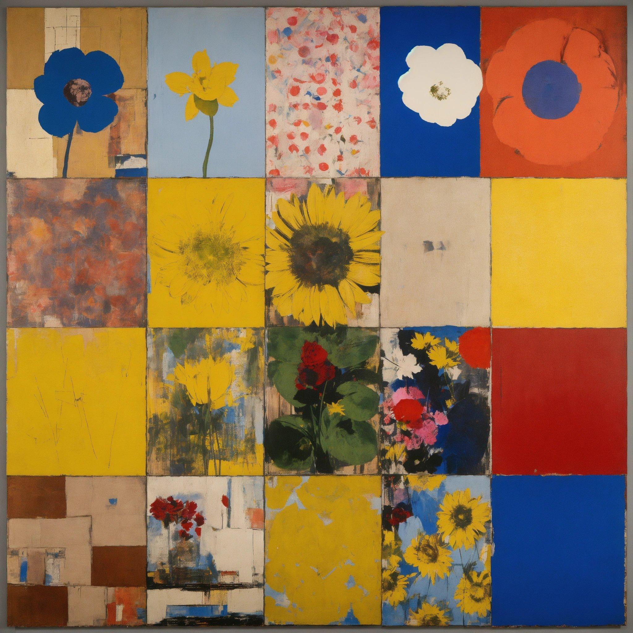 A Painting Of Flowers And Squares Of Different Colors