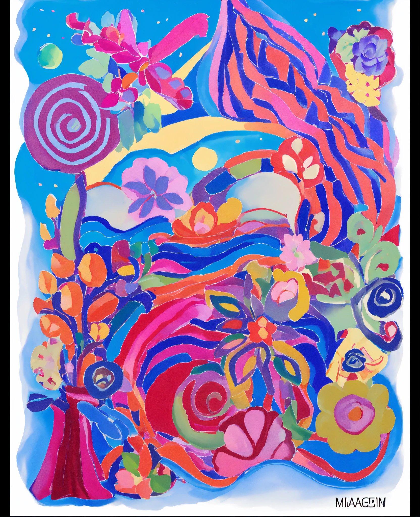 A Painting Of Flowers And Swirls On A Blue Background