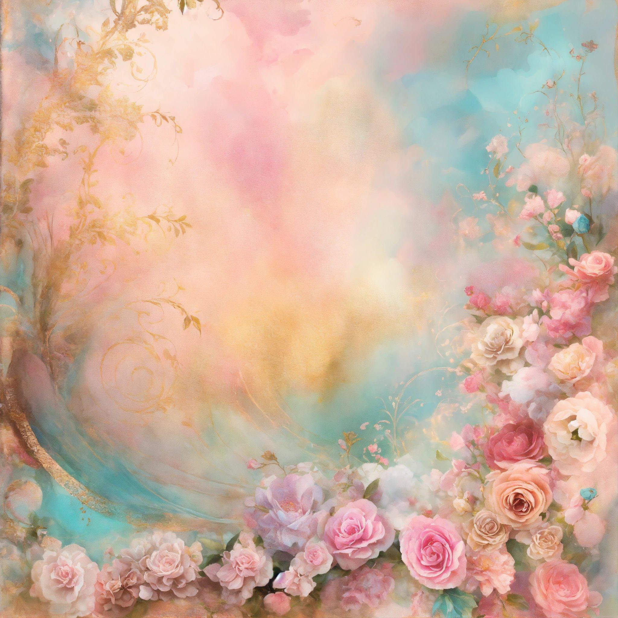 A Painting Of Flowers On A Blue And Pink Background