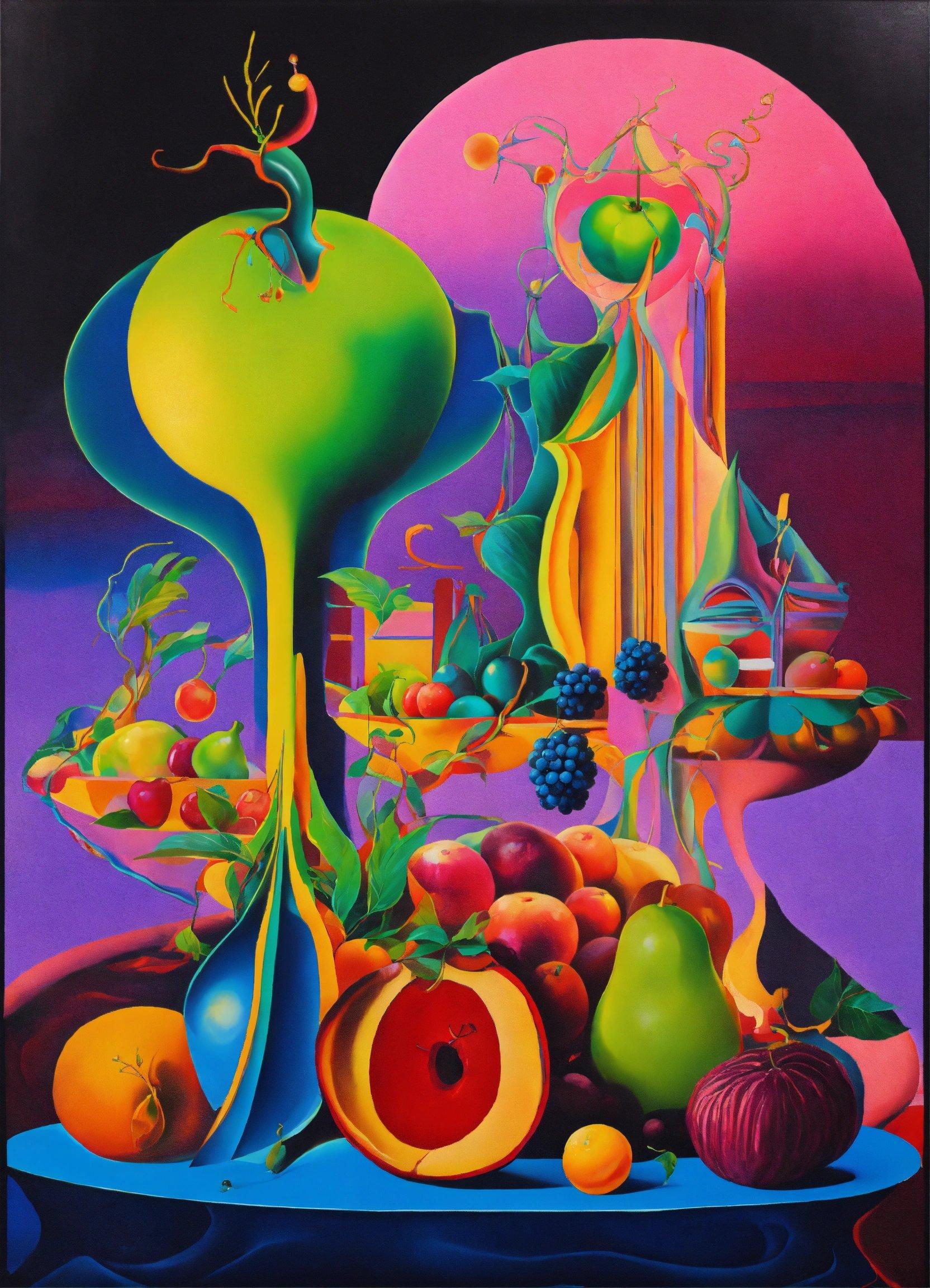 A Painting Of Fruit On A Table With A Bird On Top Of It