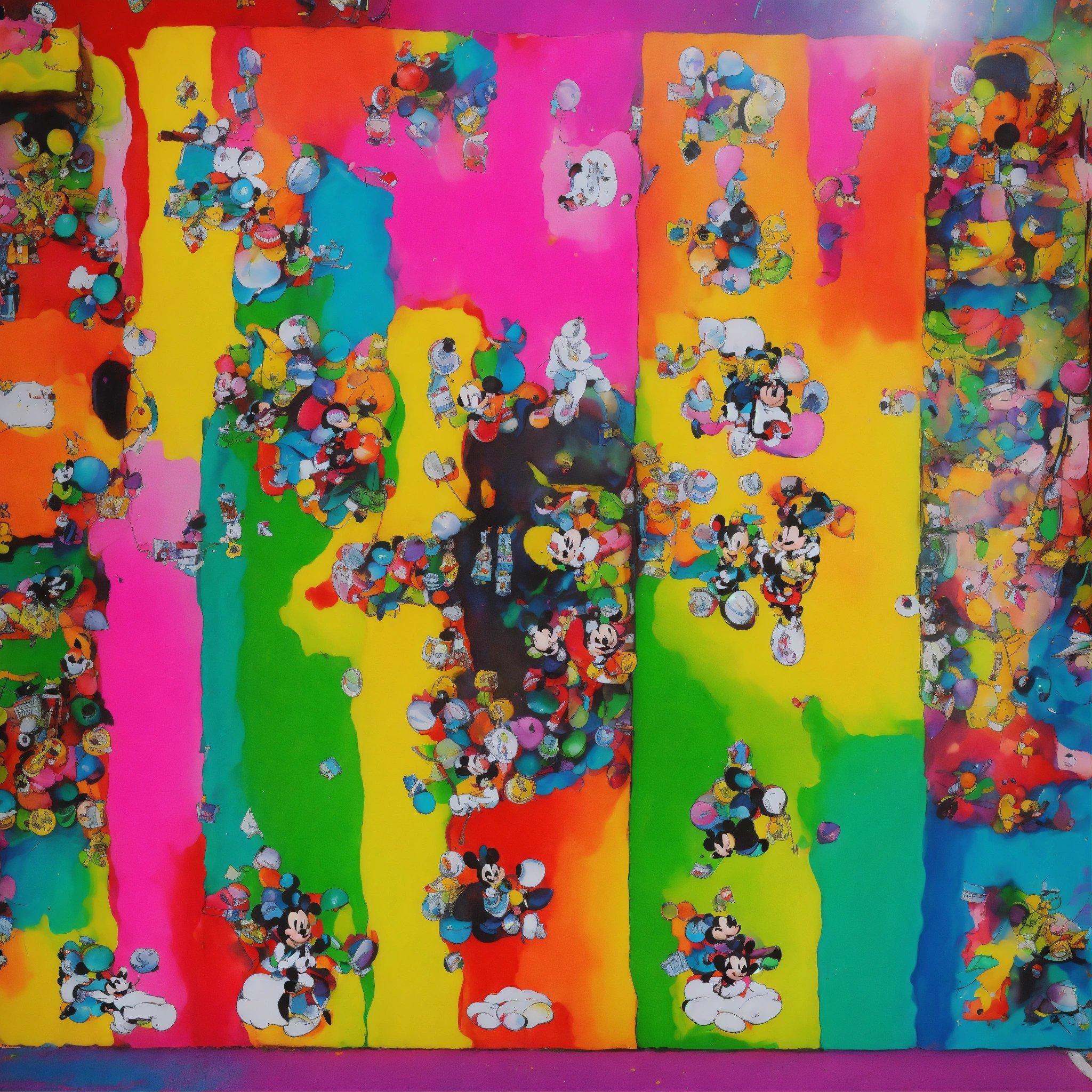 A Painting Of Mickey Mouses On A Multi - Colored Background