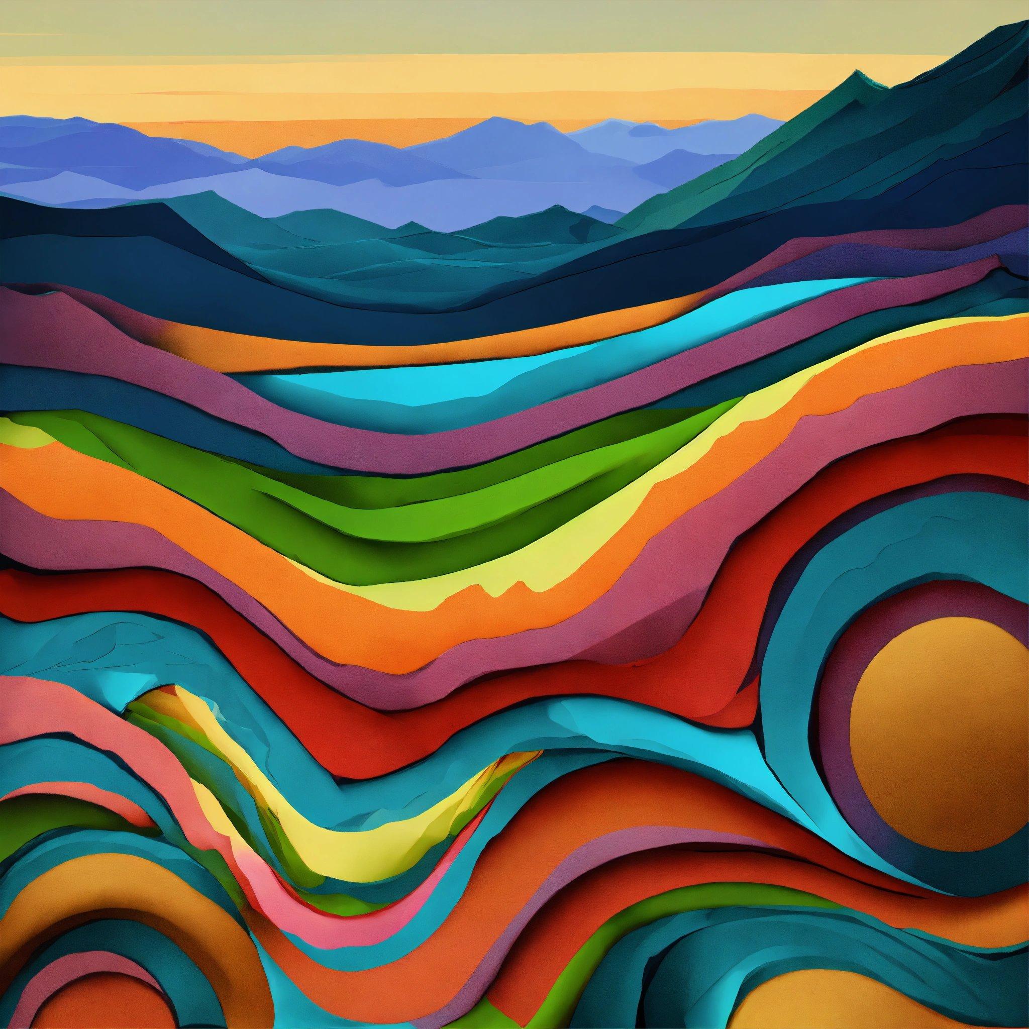 A Painting Of Mountains And Hills With A Sun In The Middle